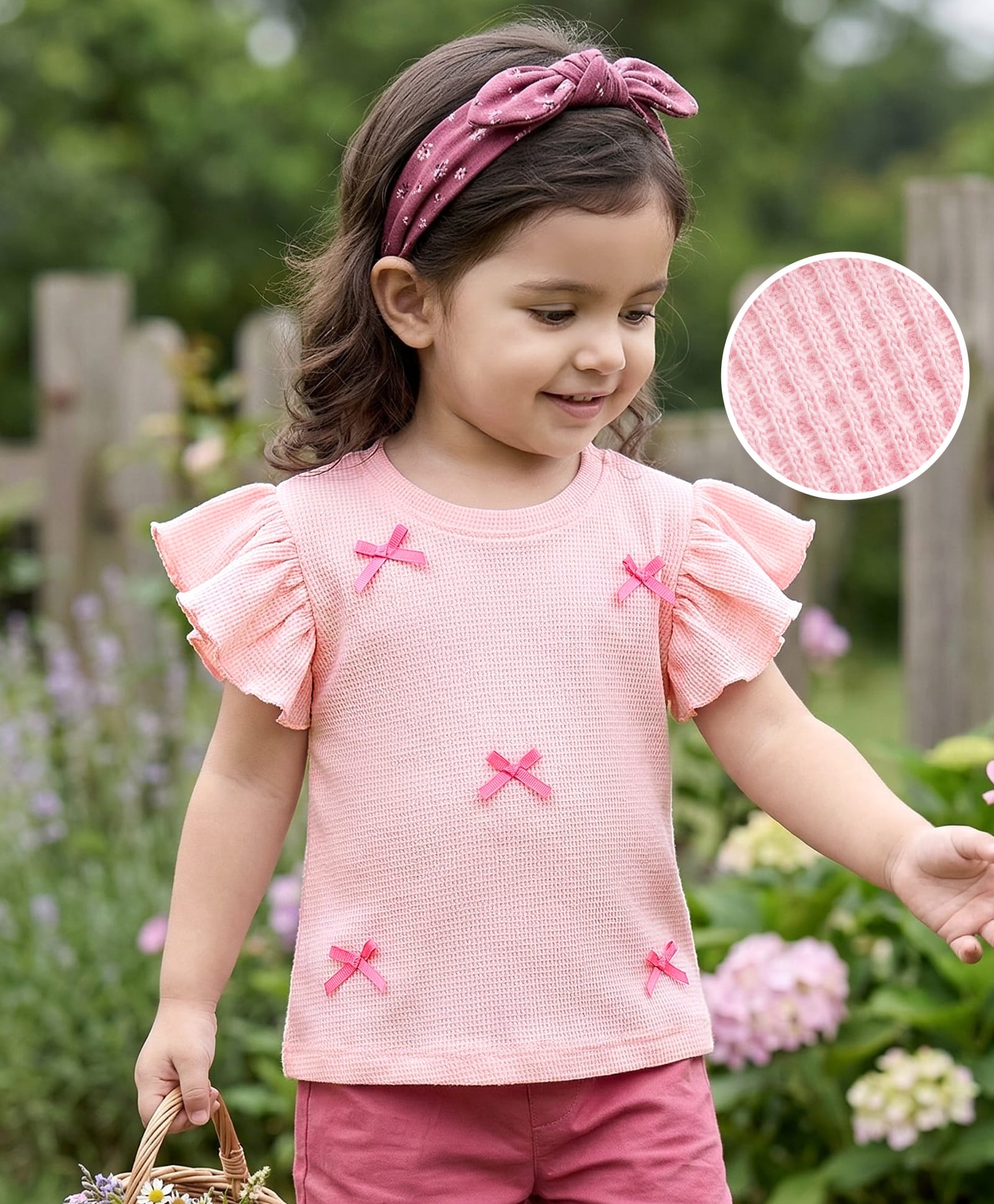 Babyhug 100% Cotton Waffle Knit Half Sleeves Top With Bow Detailing - Pink-image-30