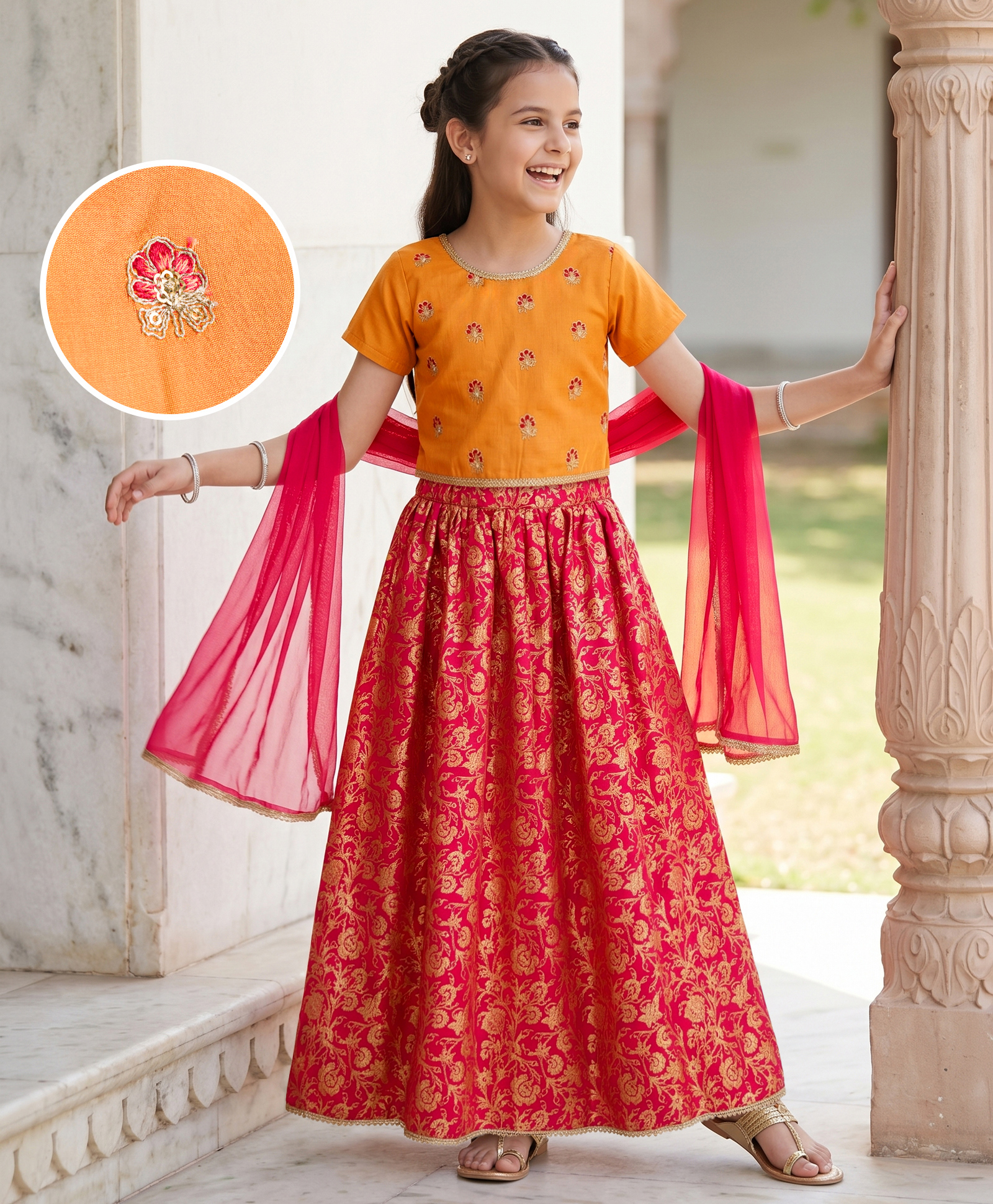 Pine Kids Woven Half Sleeves Floral Embroidered Sequinned & Foil Printed Choli & Lehenga Set With Dupatta - Red-picture-21