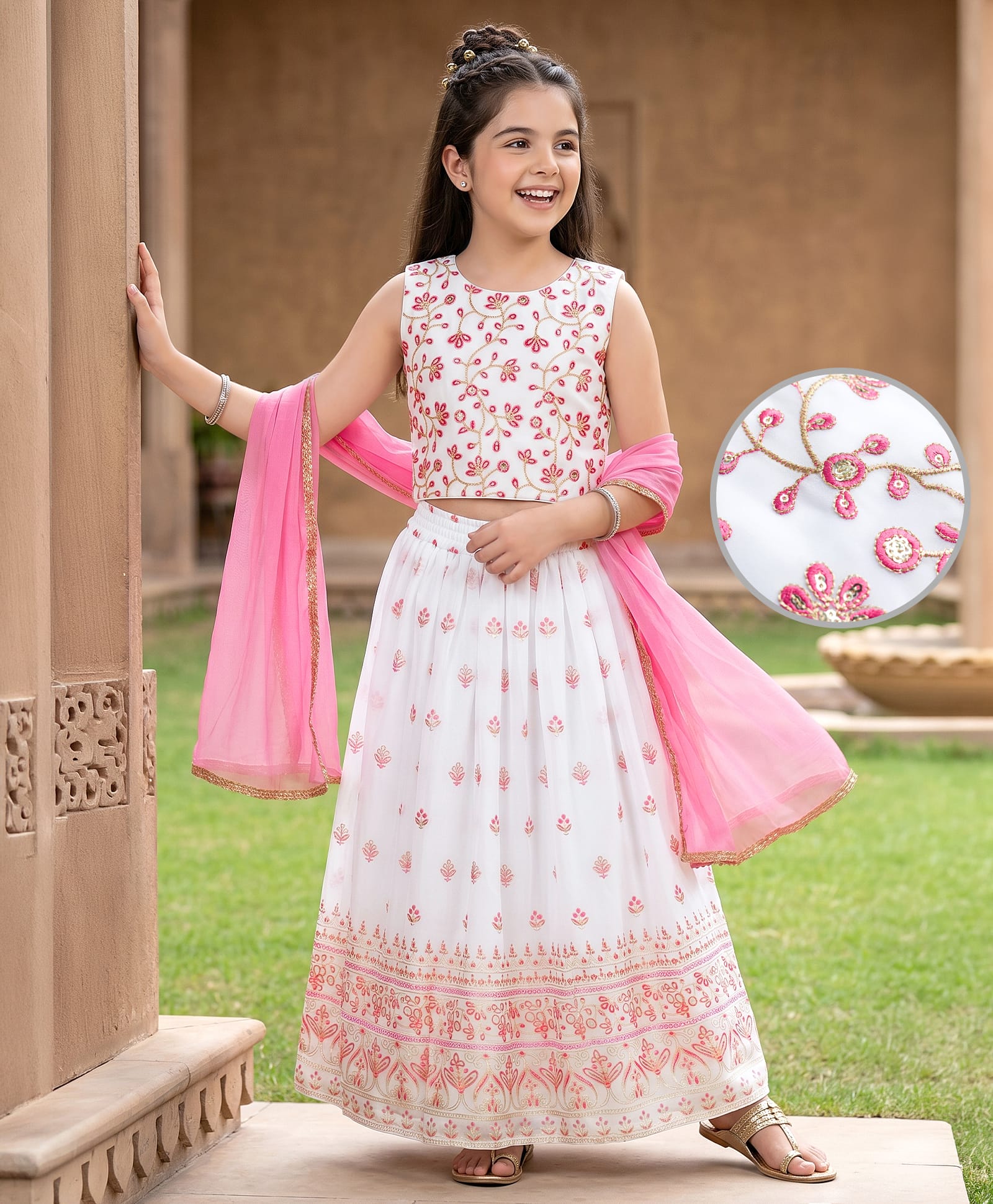 Pine Kids Woven Sleeveless Floral & Sequin Embroidered Choli Lehenga Set with Dupatta - White-image-29