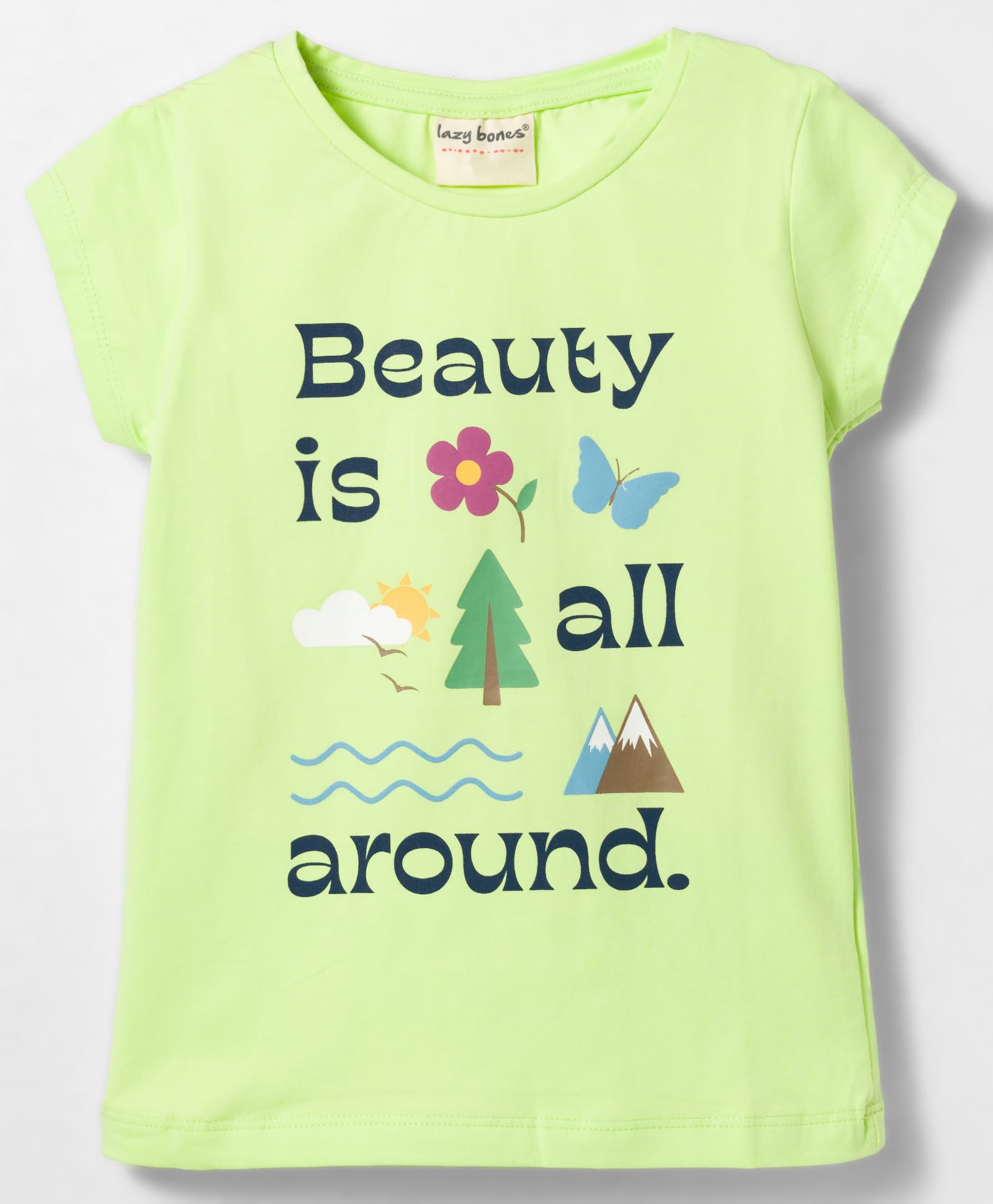 Lazy Bones Half Sleeves Floral & Text Printed Top - Light Green-picture-24