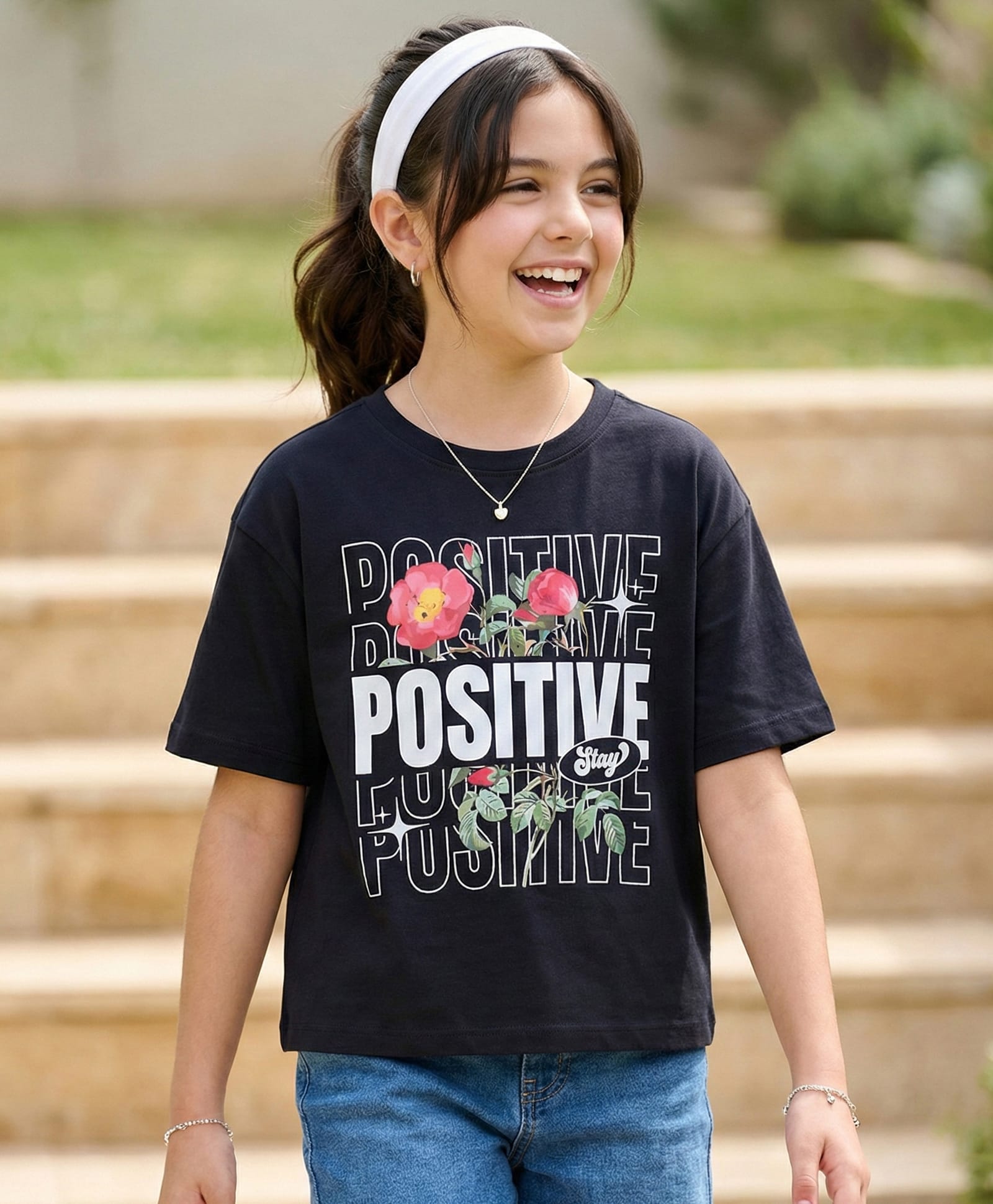 Pine Kids 100% Cotton Knit Half Sleeves Floral & Text Printed T-Shirt - Black-image-38
