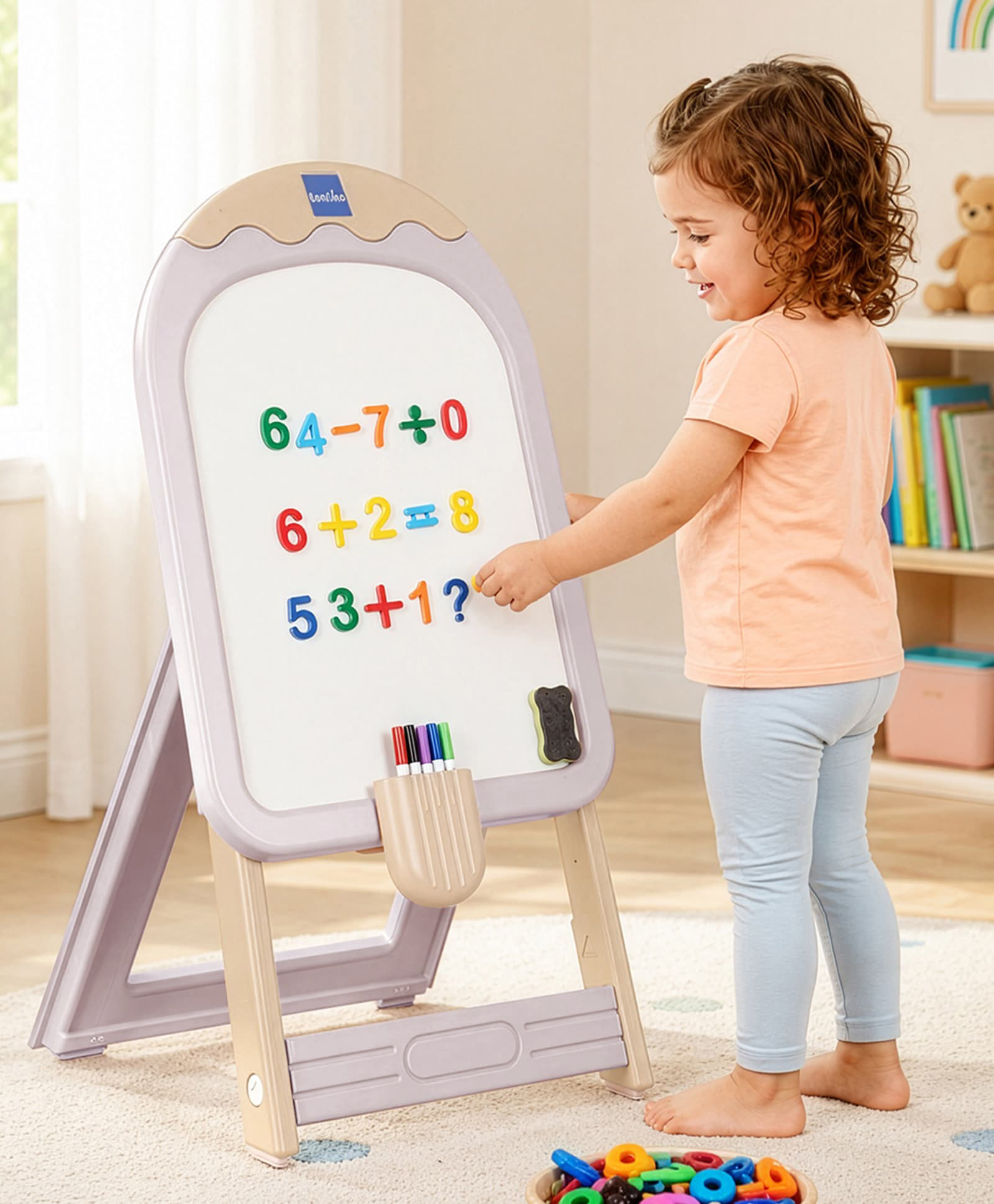 Bonfino Candy Shape Easel Board for Kids - Blue| Drawing Activity Board| Stationery Storage Pocket| Magnetic Numbers| Colorful Markers| Multifunctional| Foldable and Adjustable Height| 2-10 Years Kids-picture-22