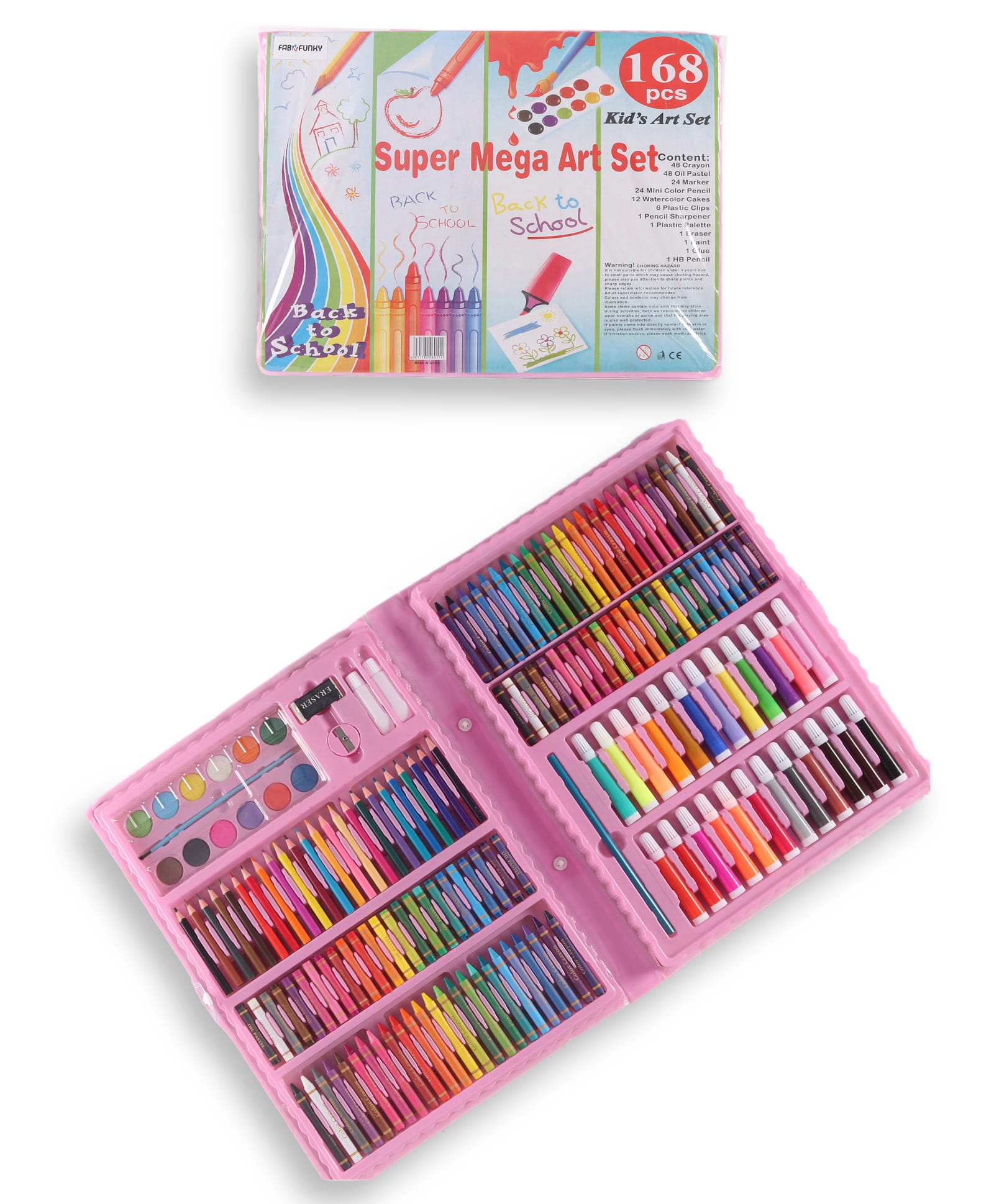Super Mega Art Set 168 pcs| 48 Crayons,48 Oil Pastel,24 Mini Color Pencils,12 Watercolor, 6 Clips, 1 Pencil Sharpener, 1 Palette, 1 Eraser,1 Paint, 1 Glue, 1 HB Pencil|Perfect for Art & Drawing