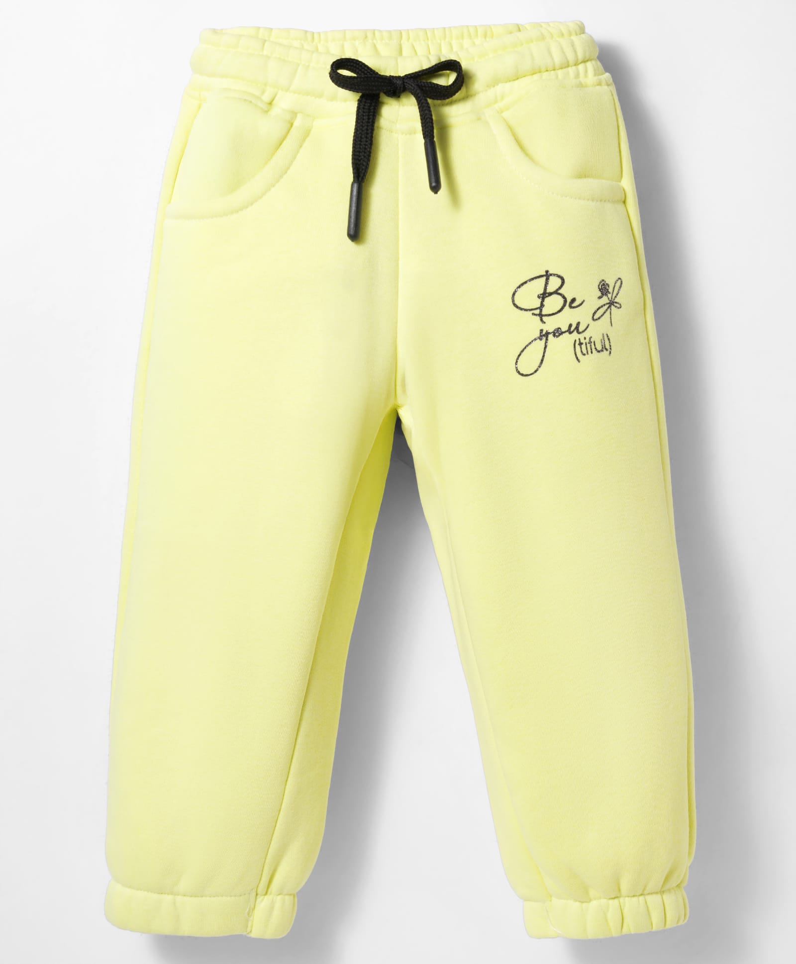 Olio Kids Knitted Full Length Lounge Pant with Text Print - Light Yellow-picture-34