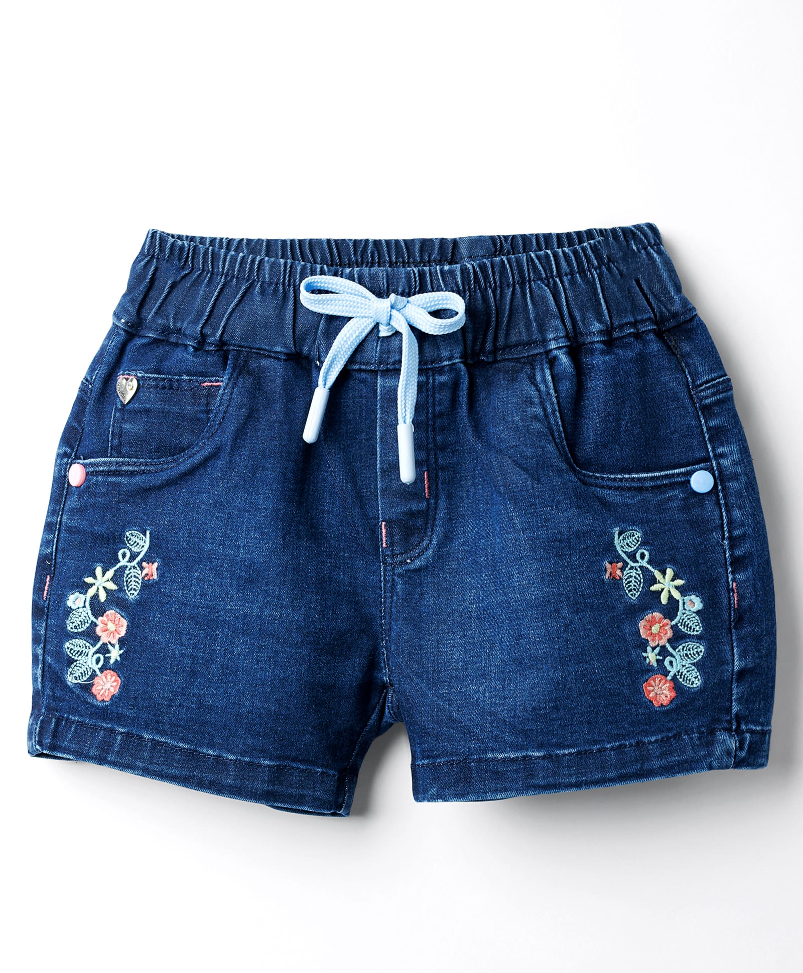 Olio Kids Knit Above Knee Length Denim Shorts With Floral Embroidery - Blue-picture-24
