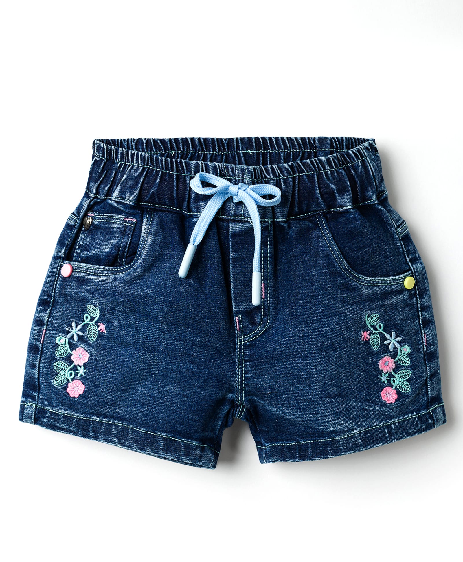 Olio Kids Knit Above Knee Length Denim Shorts With Floral Embroidery - Light Blue-picture-24
