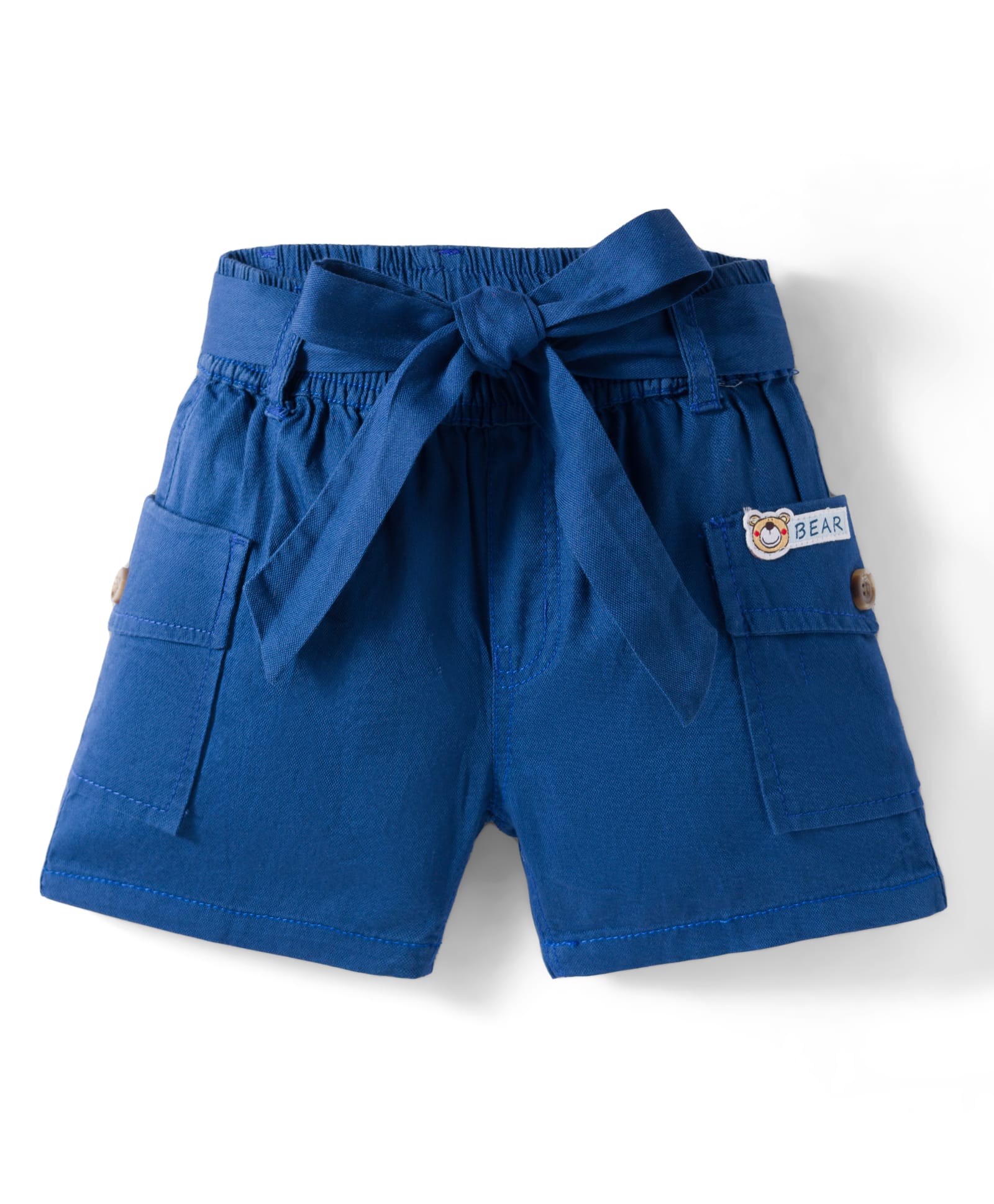 Olio Kids Cotton Knit Above Knee Length Fashion Solid Colour Shorts with Bear Patch & Pockets -Blue-picture-26