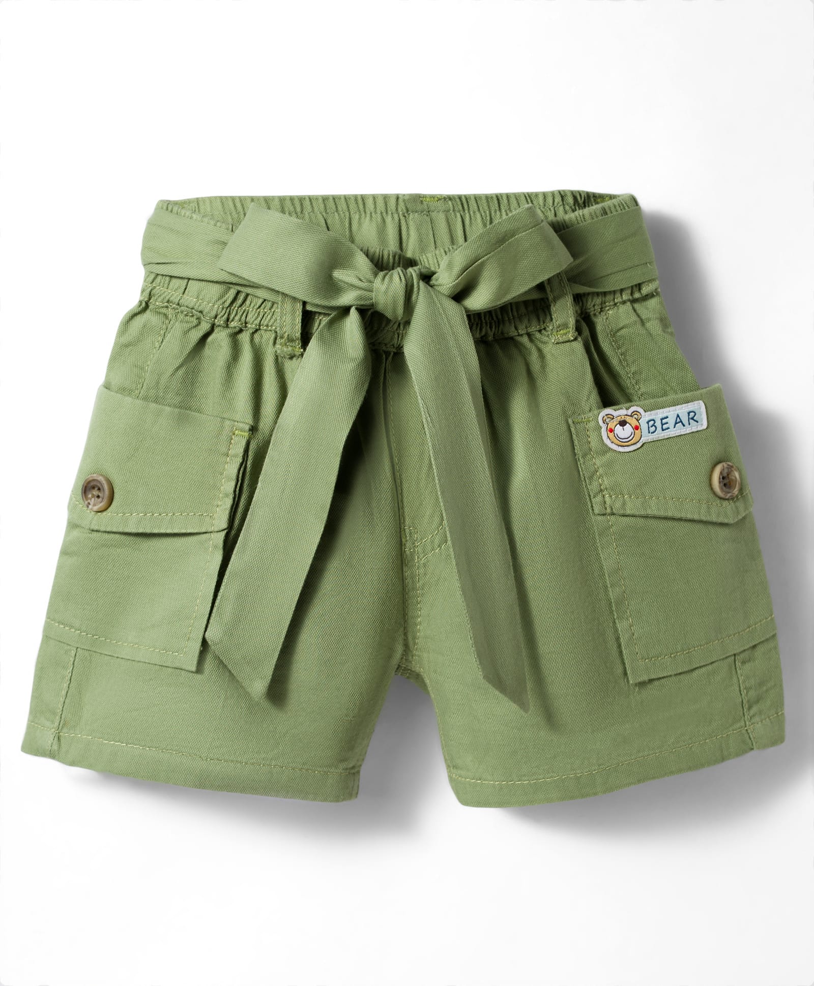 Olio Kids Cotton Knit Above Knee Length Shorts With Teddy Bear Patch & Belt - Olive Green-picture-26
