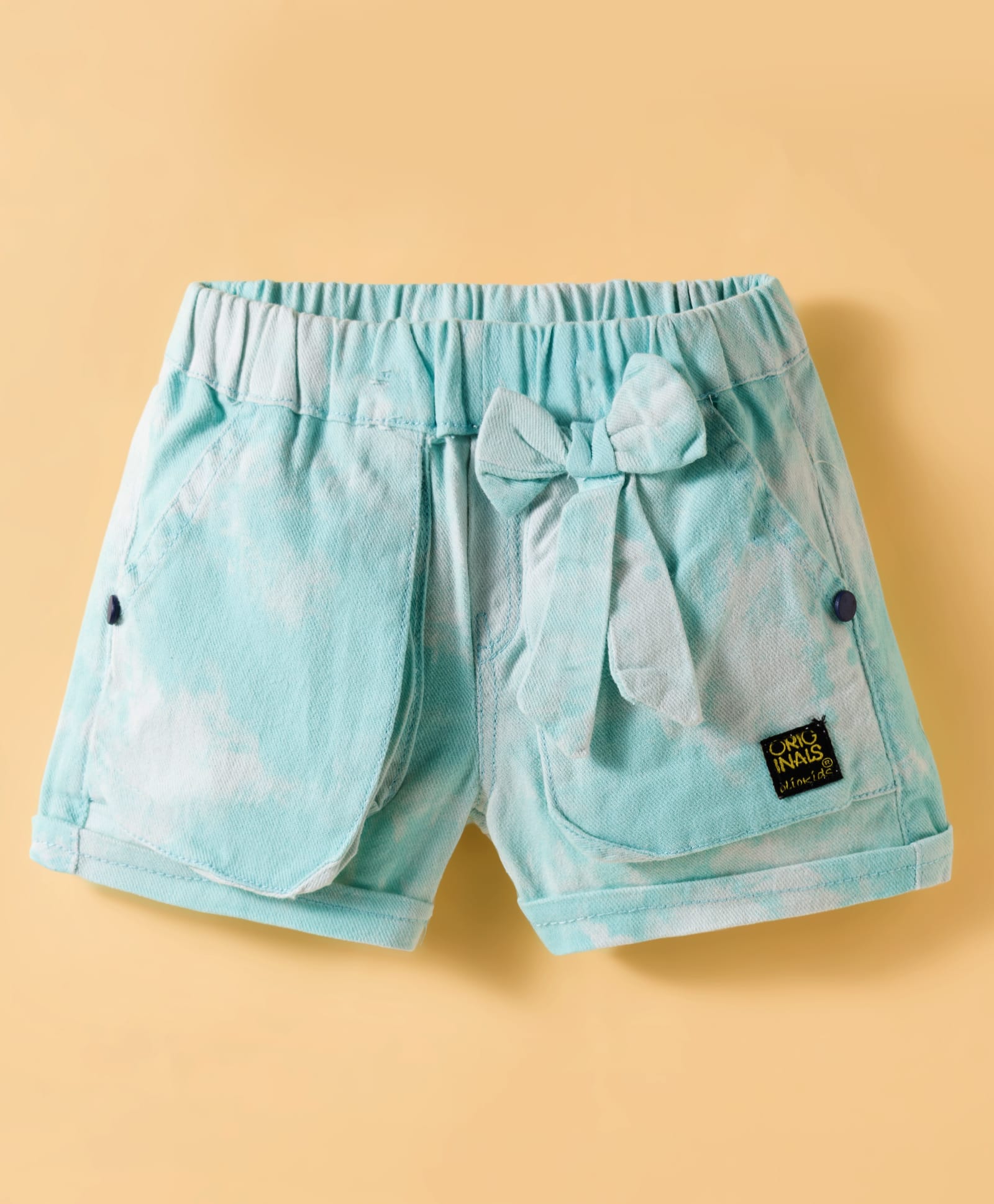 Olio Kids Cotton Knit Above Knee Length Tie & Dye Printed Shorts with Bow Applique - Sea Green-picture-24