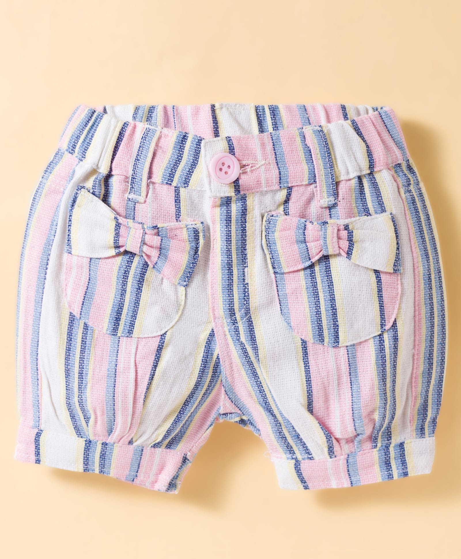 Olio Kids Cotton Knit Above Knee Length Striped Shorts With Bow Applique - Pink-picture-20