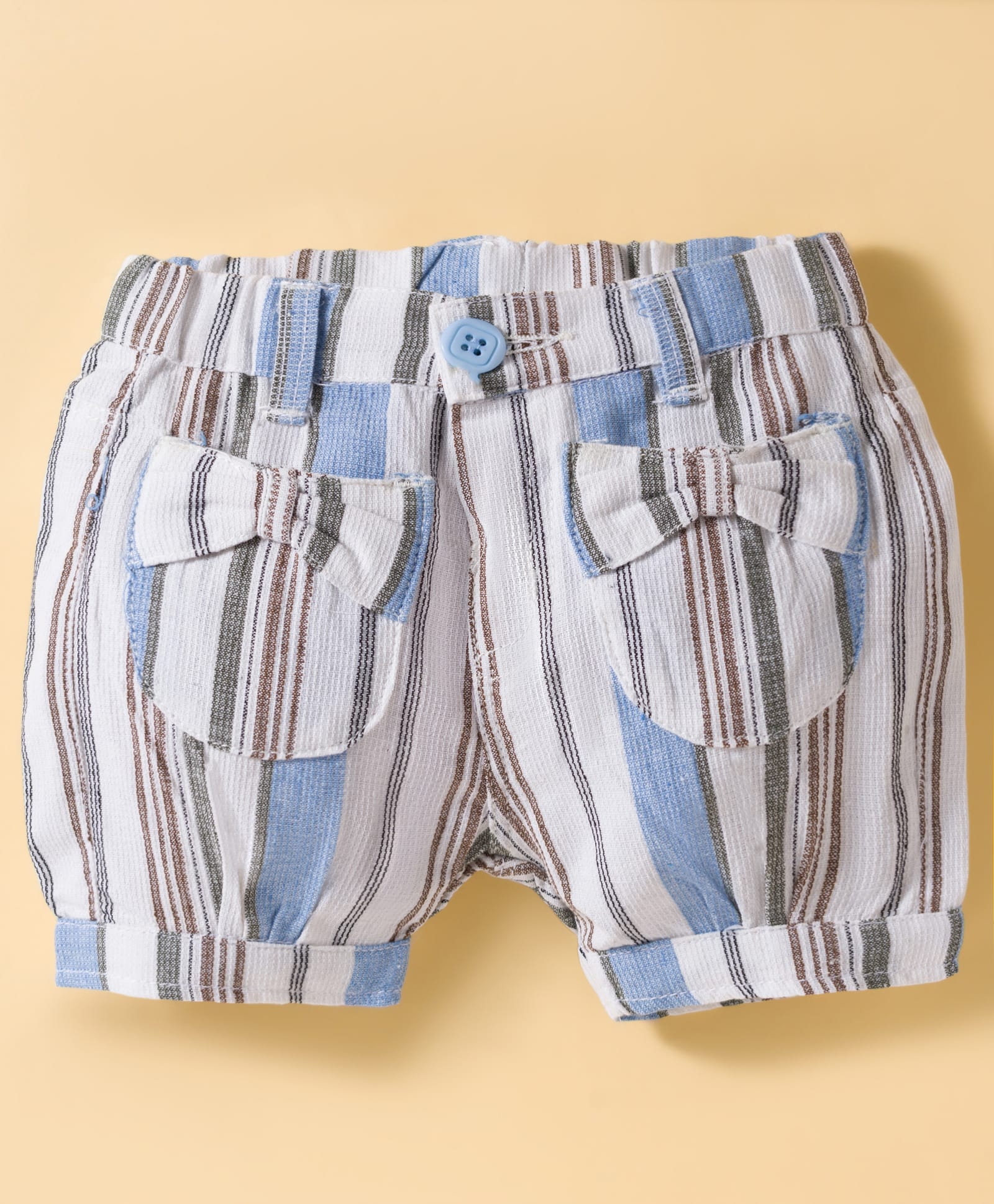 Olio Kids Cotton Knit Above Knee Length Striped Shorts With Bow Applique - Light Blue-picture-19