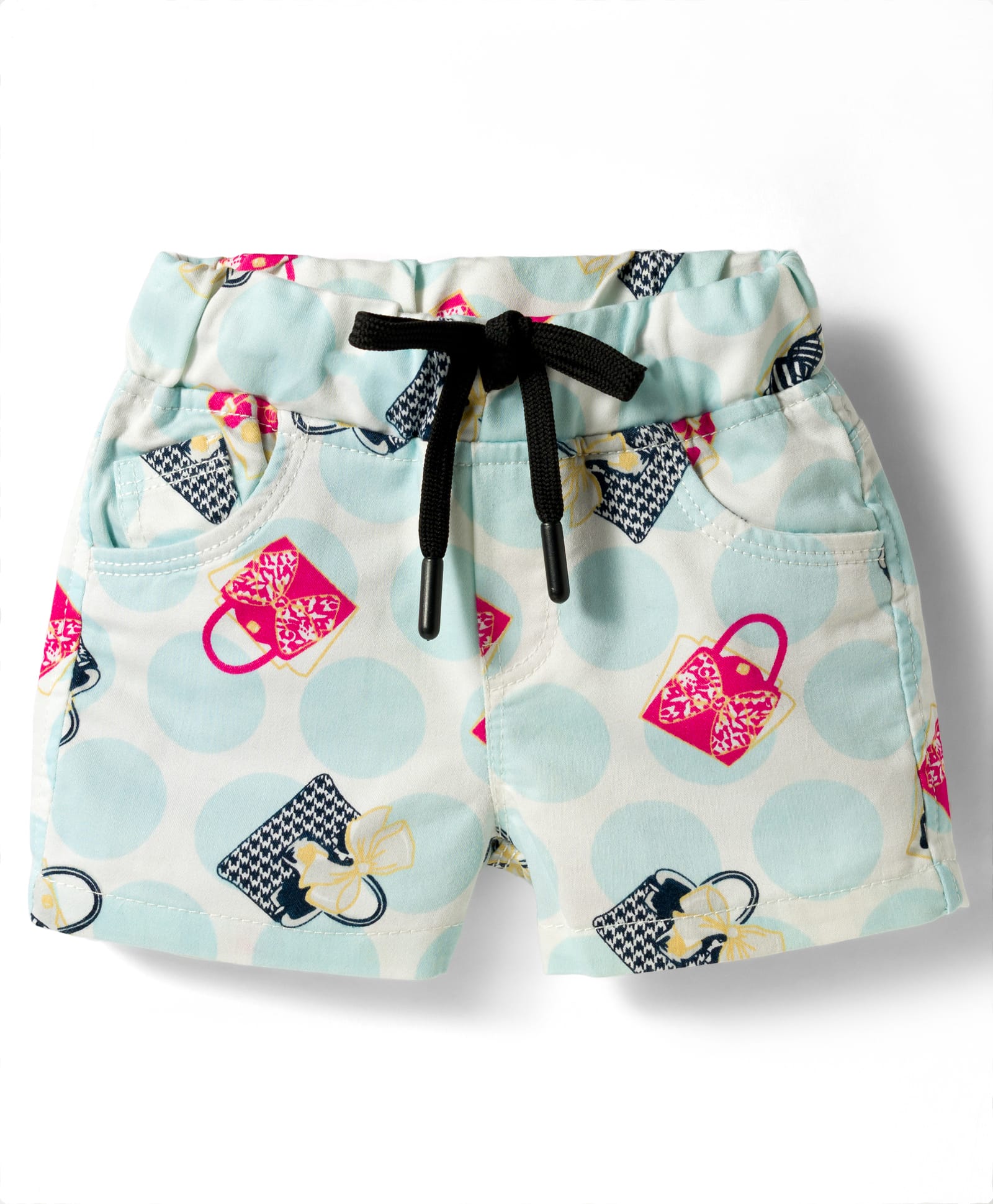 Olio Kids Cotton Knit Above Knee Length Polka Dots & Purse Printed Shorts -Light Blue-picture-19