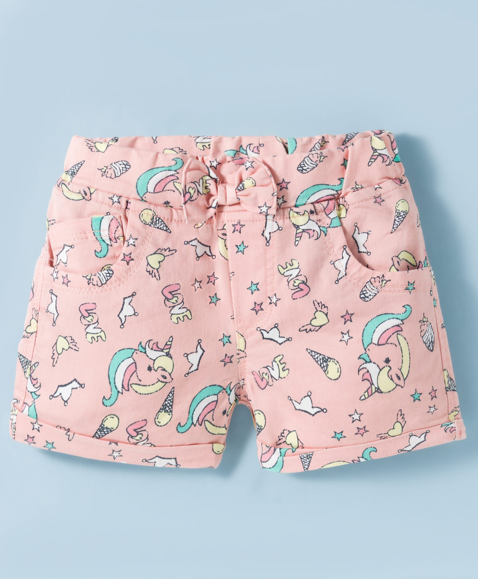 Olio Kids Cotton Knit Above Knee Length Shorts with Unicorn Print & Bow Detailing - Peach-picture-33