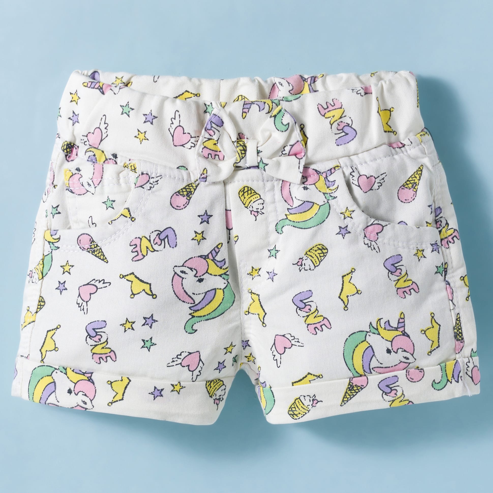 Olio Kids Cotton Knit Above Knee Length Shorts with Unicorn Print & Bow Detailing - Off White-picture-27