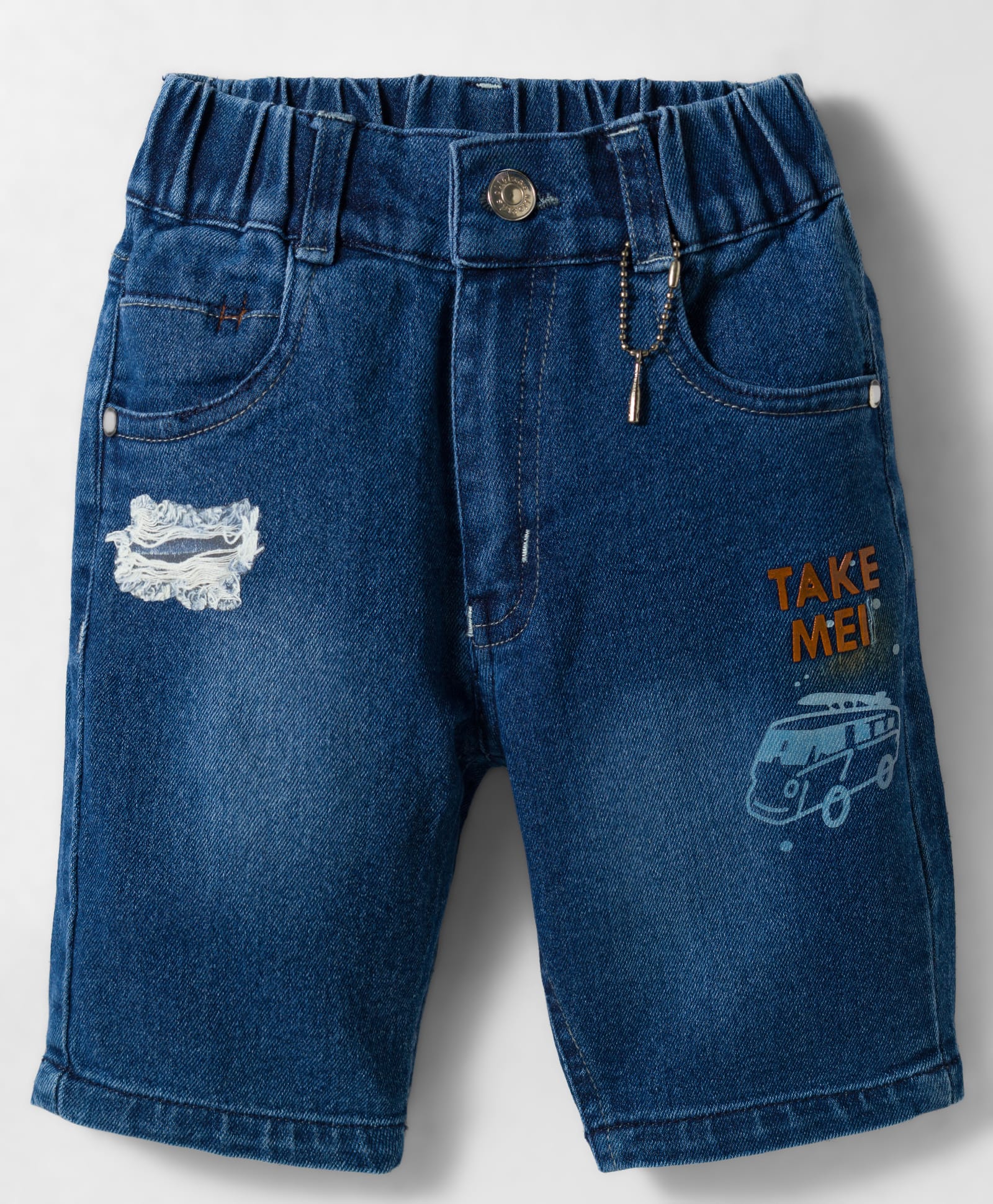 Olio Kids Denim Knit Above Knee Length Distressed & Vehicles Printed Shorts - Navy Blue-image-34