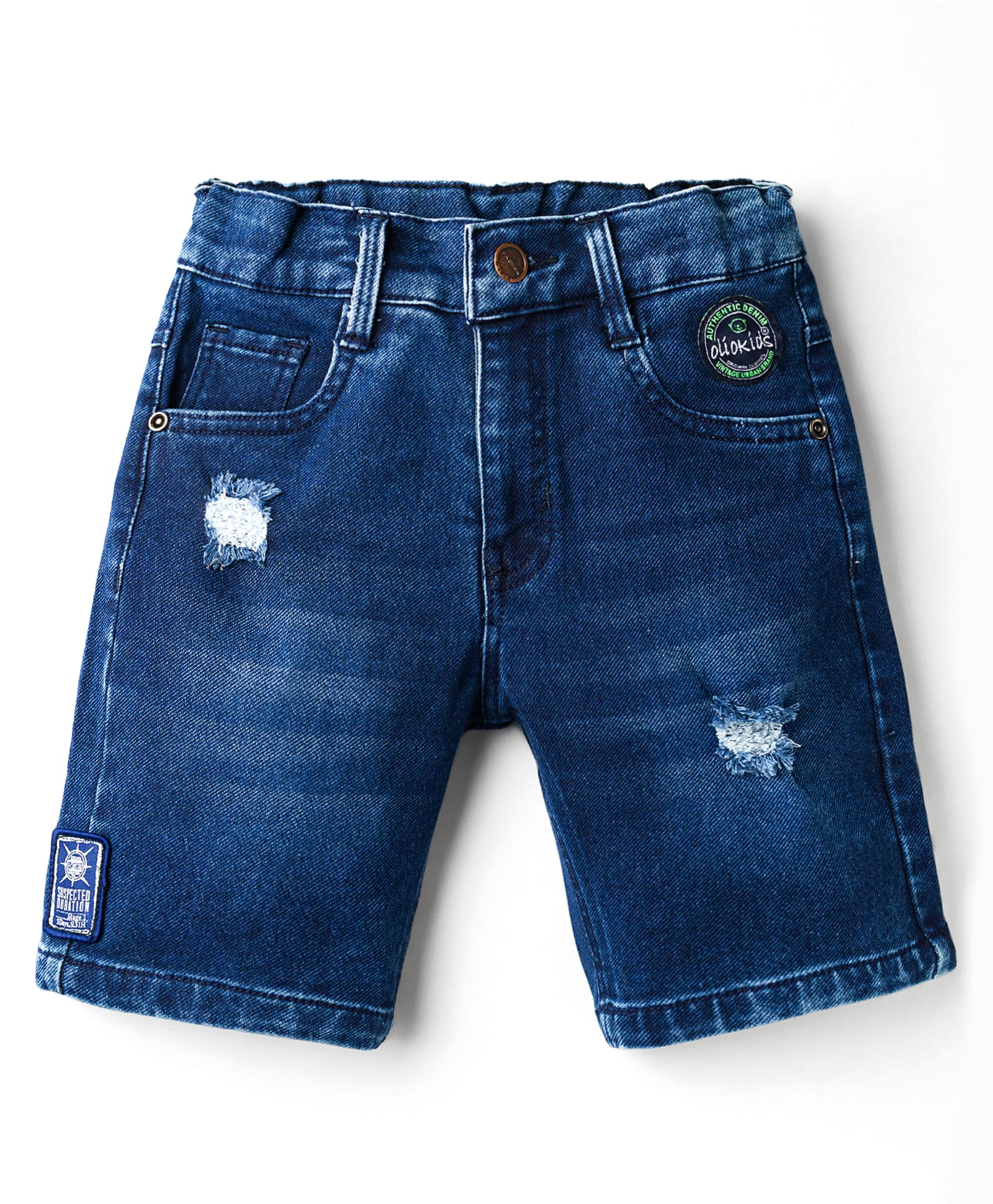 Olio Kids Knit Above Knee Length Denim Shorts With Distressed Pattern & Patch Detailing - Navy Blue-image-42