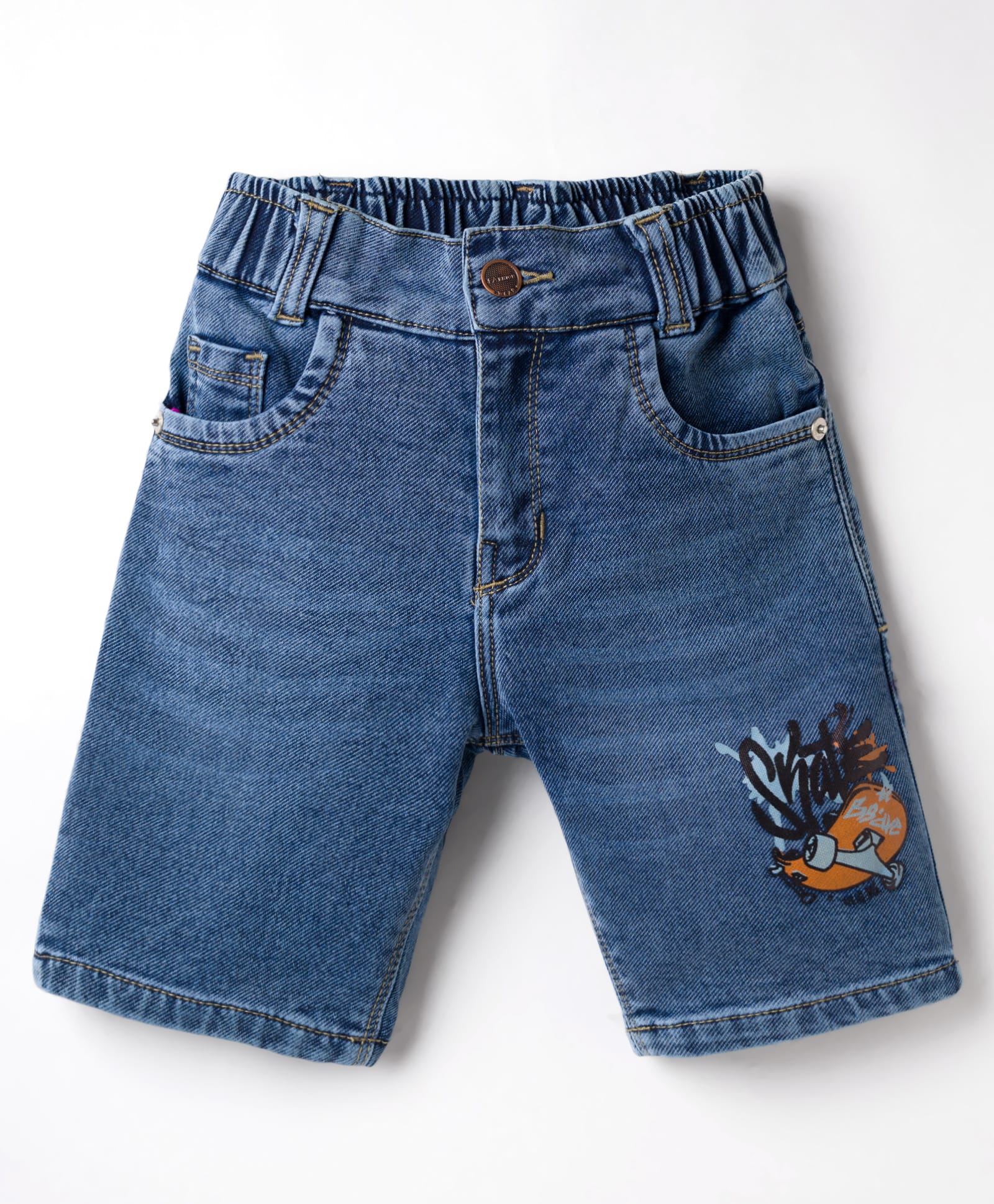 Olio Kids Knit Above Knee Length Denim Shorts with Text Embroidery - Light Blue-picture-49