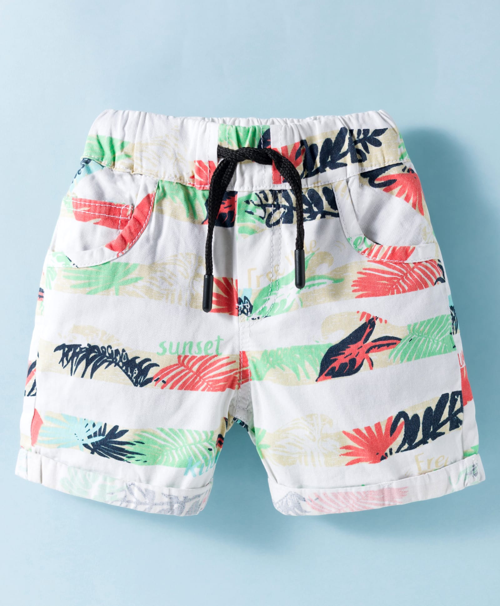 Olio Kids Cotton Woven Above Knee Length Shorts With Leaf Print - Cream-picture-28