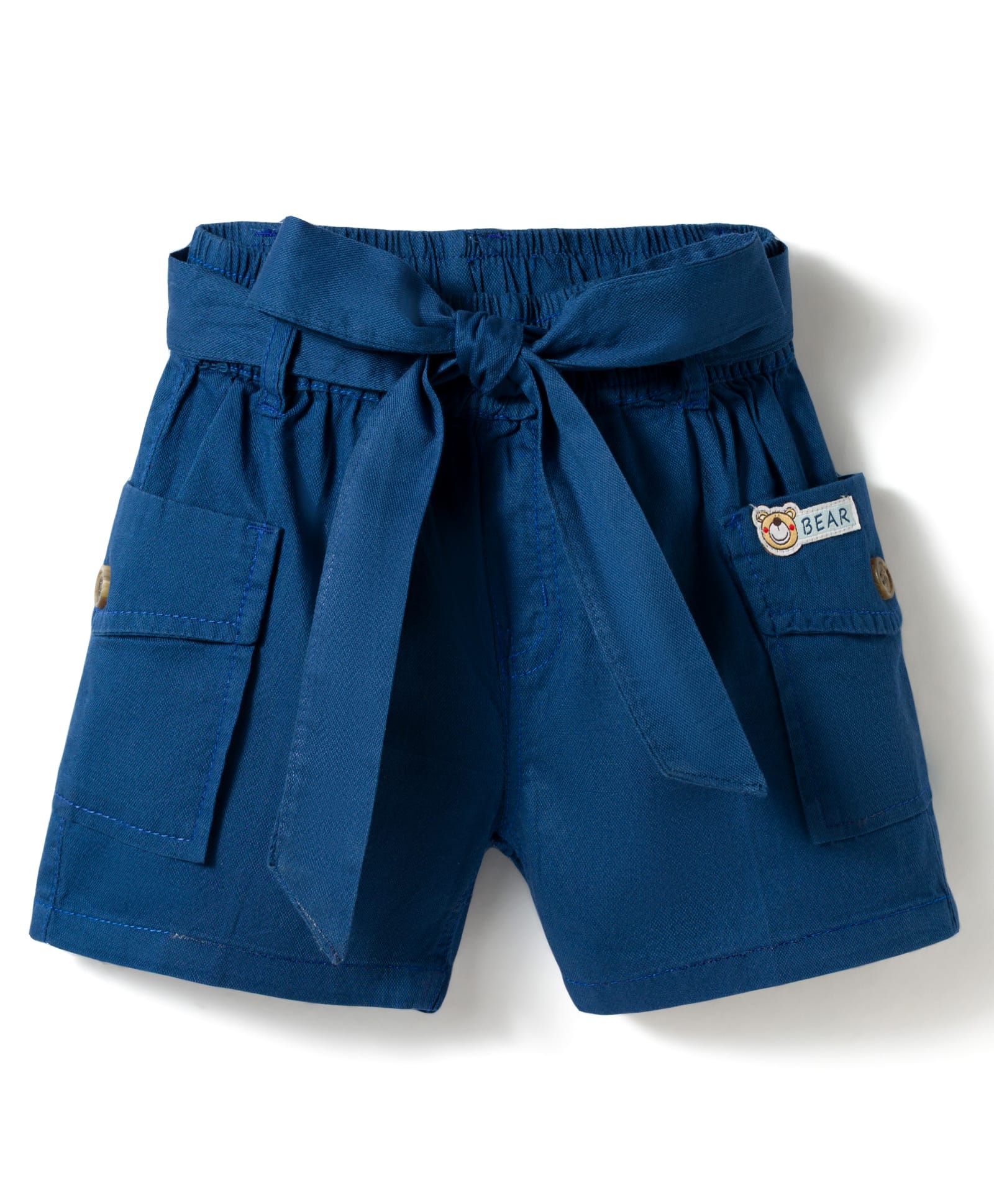 Olio Kids Cotton Knit Above Knee Length Shorts With Teddy Bear Patch & Belt - Blue-picture-31