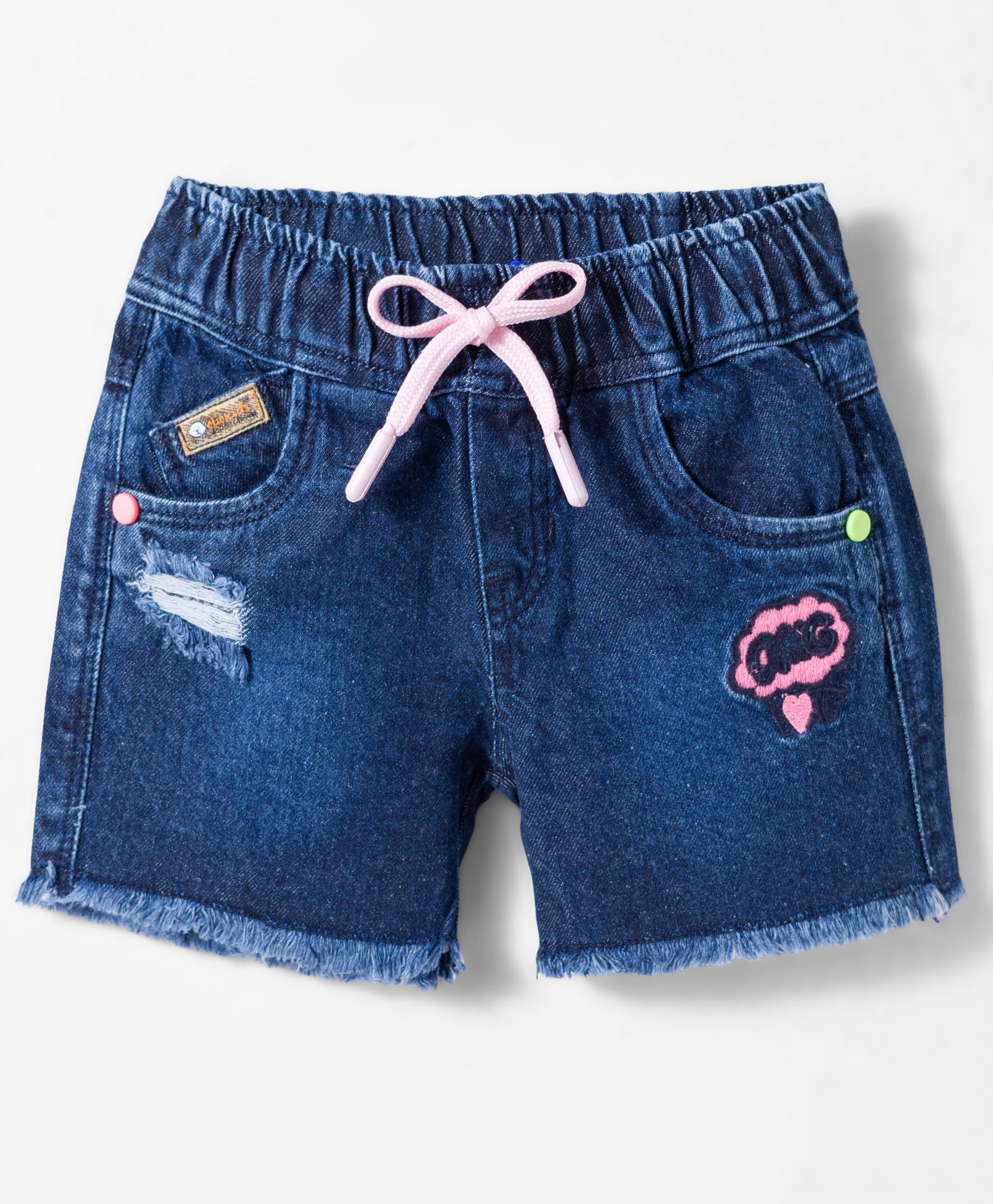 Olio Kids Knit Above Knee Length Distressed Denim Shorts with Text Embroidery- Blue-image-40
