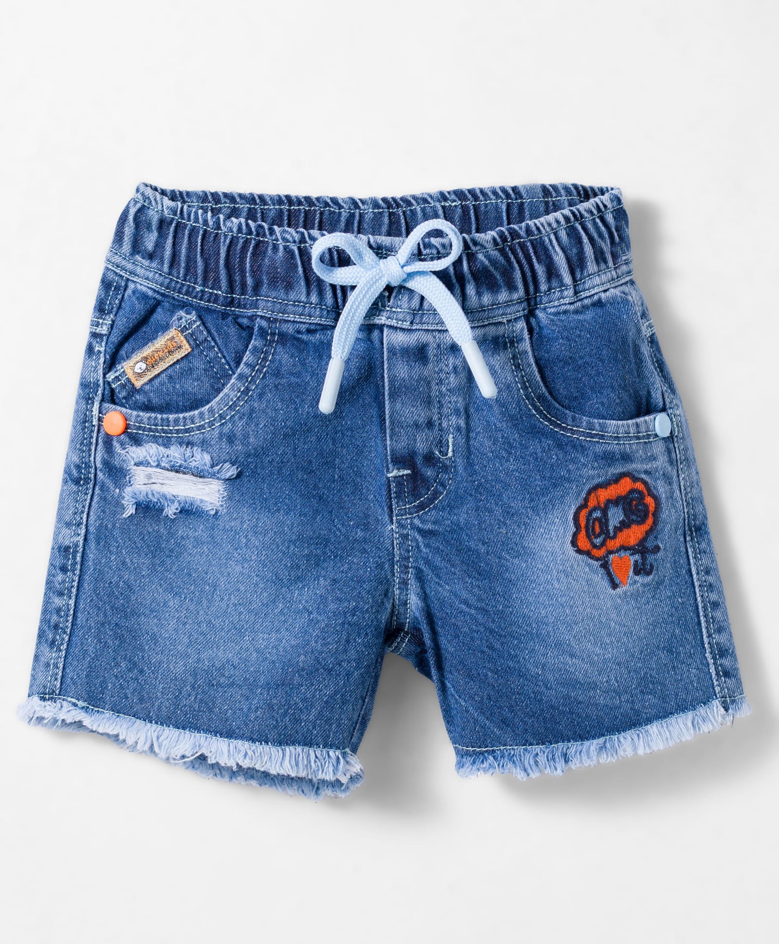 Olio Kids Knit Above Knee Length Distressed Denim Shorts with Text Embroidery- Light Blue-picture-23