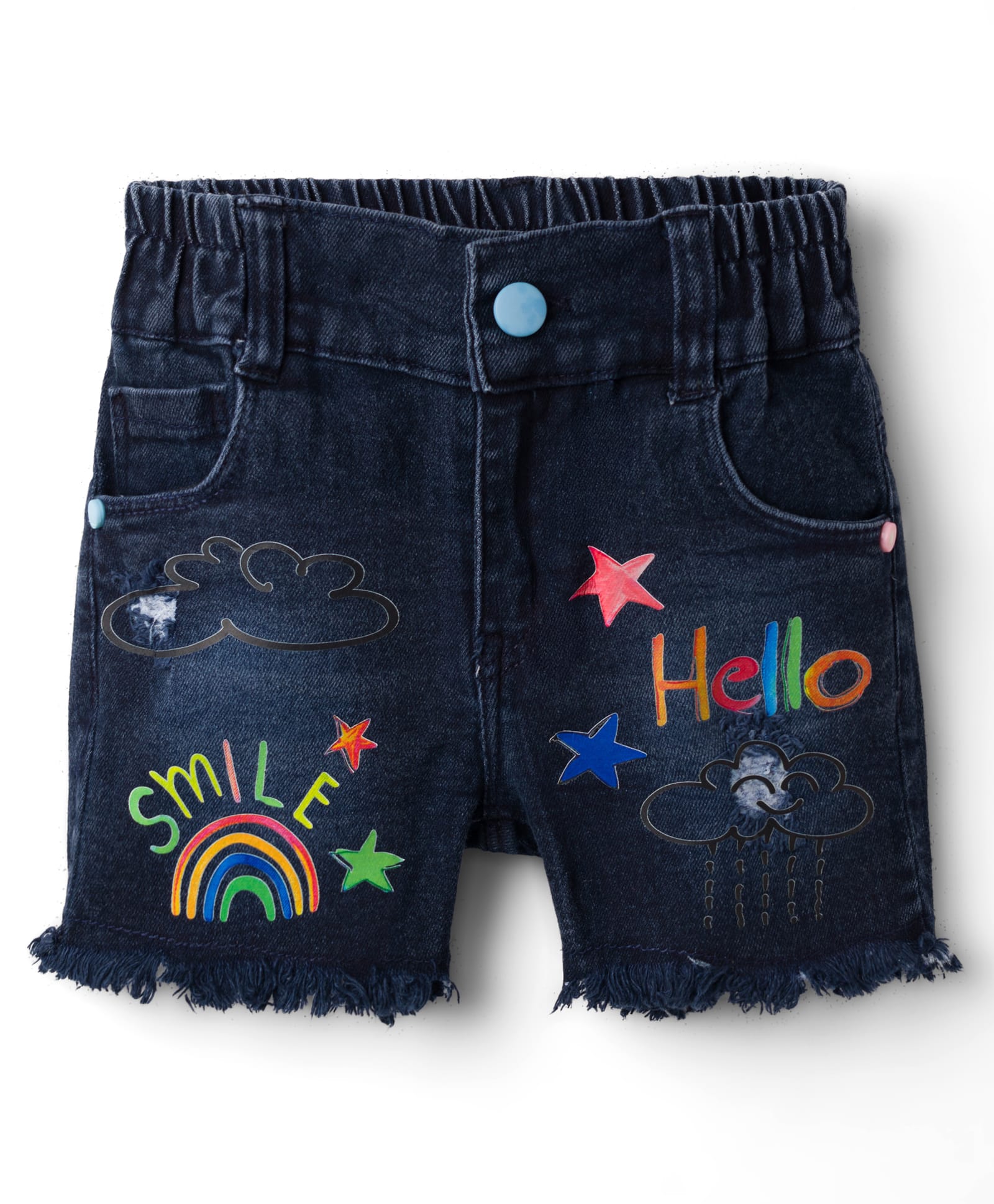 Olio Kids Denim Knit Above Knee Length Distressed Shorts with Text Print -Navy Blue-picture-17