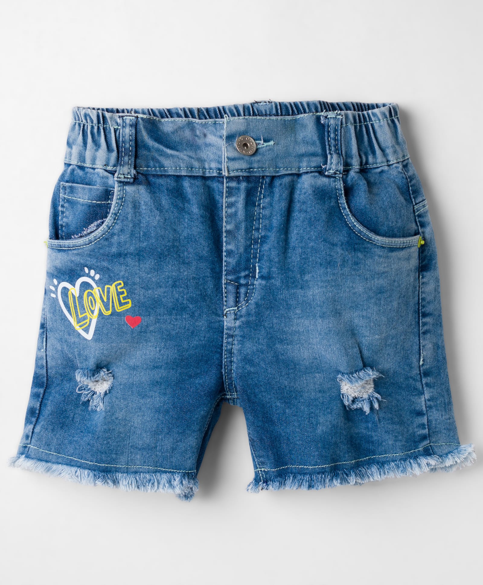 Olio Kids Knit Above Knee Length Distressed Denim Shorts with Text Print - Light Blue-picture-13