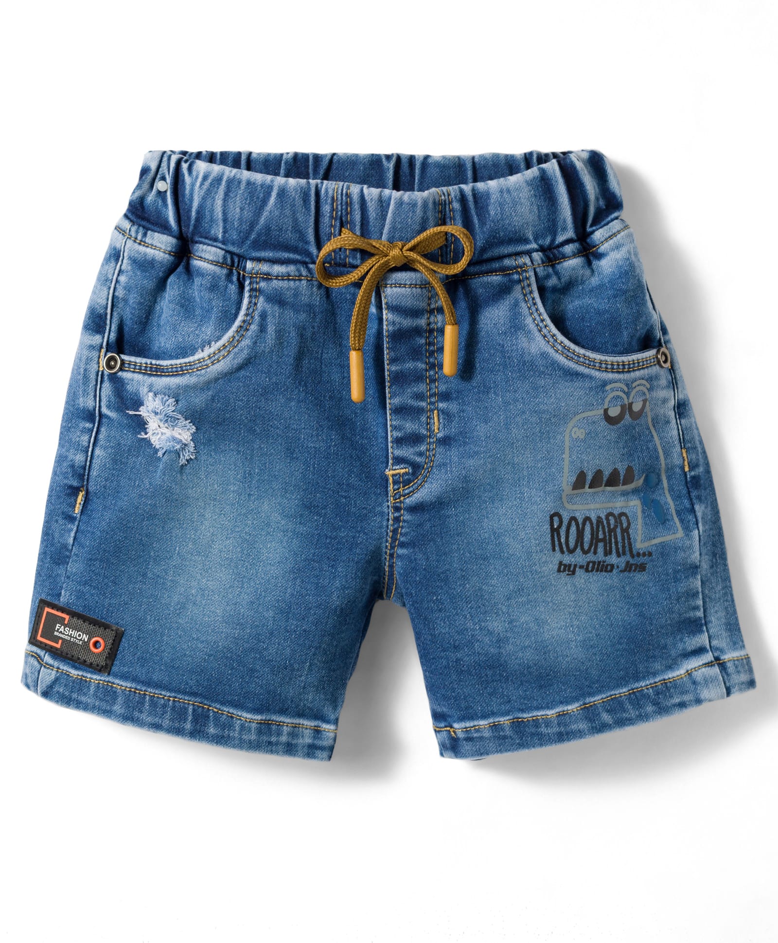 olio kids denim knit above knee length dino printed shorts - light blue