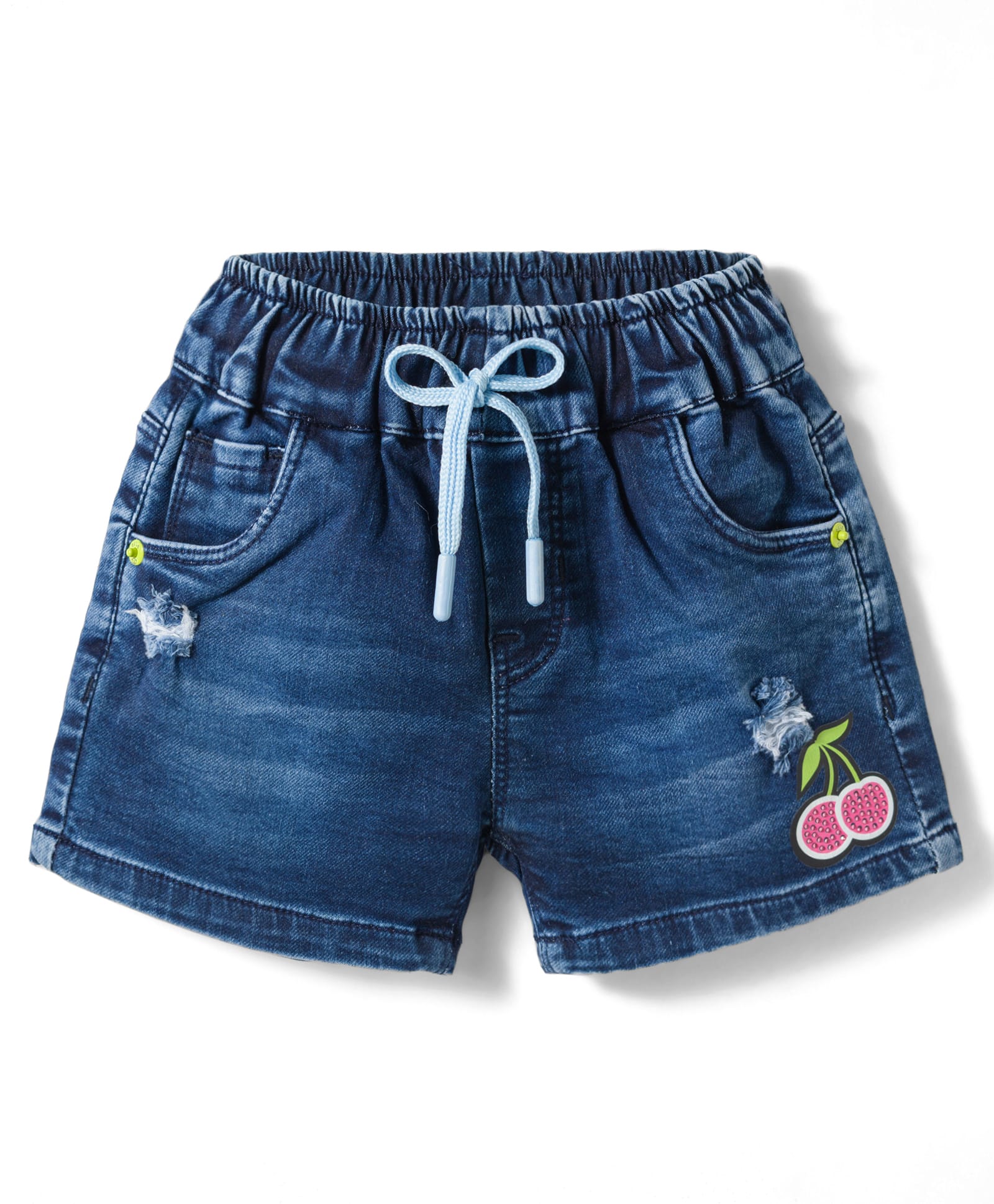 Olio Kids Knit Above Knee Length Distressed Denim Shorts with Cherry Print - Navy Blue-image-38