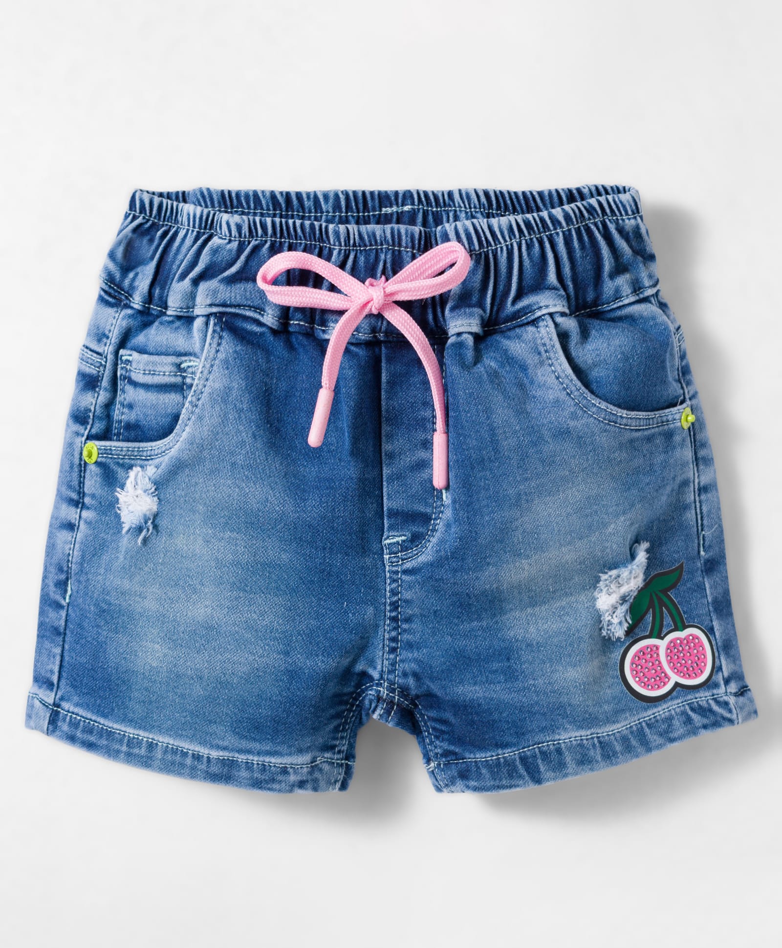 Olio Kids Knit Above Knee Length Distressed Denim Shorts with Cherry Print - Light Blue-picture-19