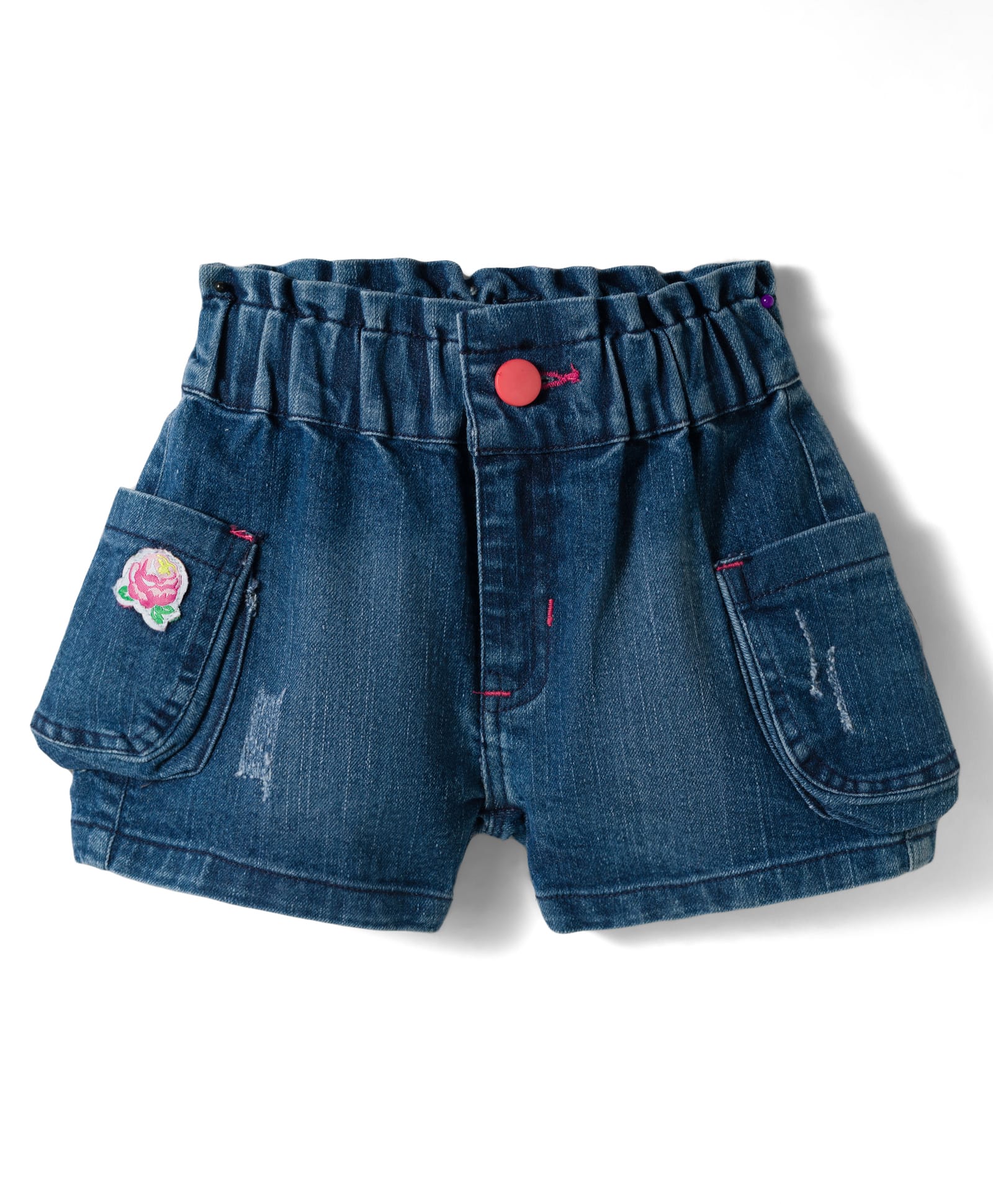 Olio Kids Knit Above Knee Length Denim Shorts with Floral Patch - Navy Blue-image-37