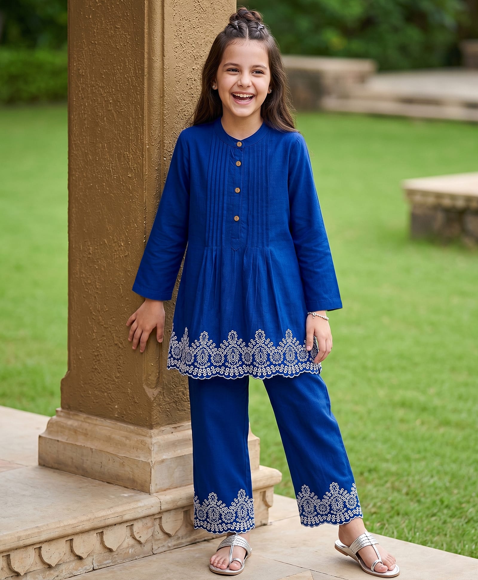 Pine Kids 100% Cotton Woven Full Sleeves Floral Embroidered Indo Western Set - Blue-image-26