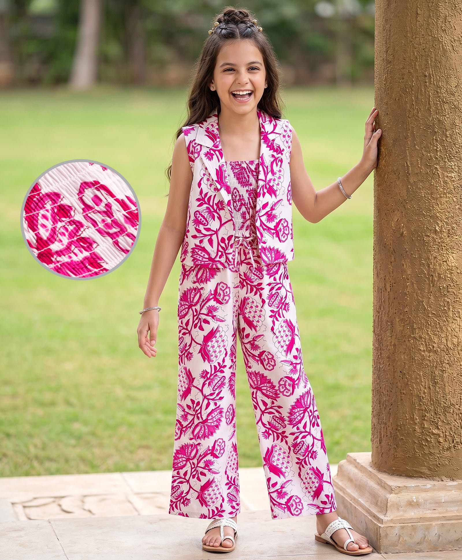 Pine Kids Viscose Woven Sleeveless Floral Printed Co-Ords Indo Western Set - Pink & White-picture-39