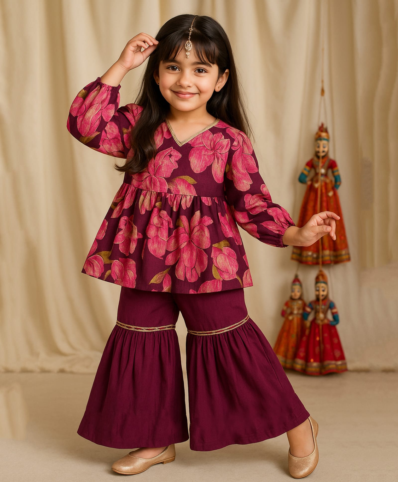 Tales & Stories Viscose Woven Three Fourth Sleeves Floral Printed Kurti & Sharara Set - Purple-image-23