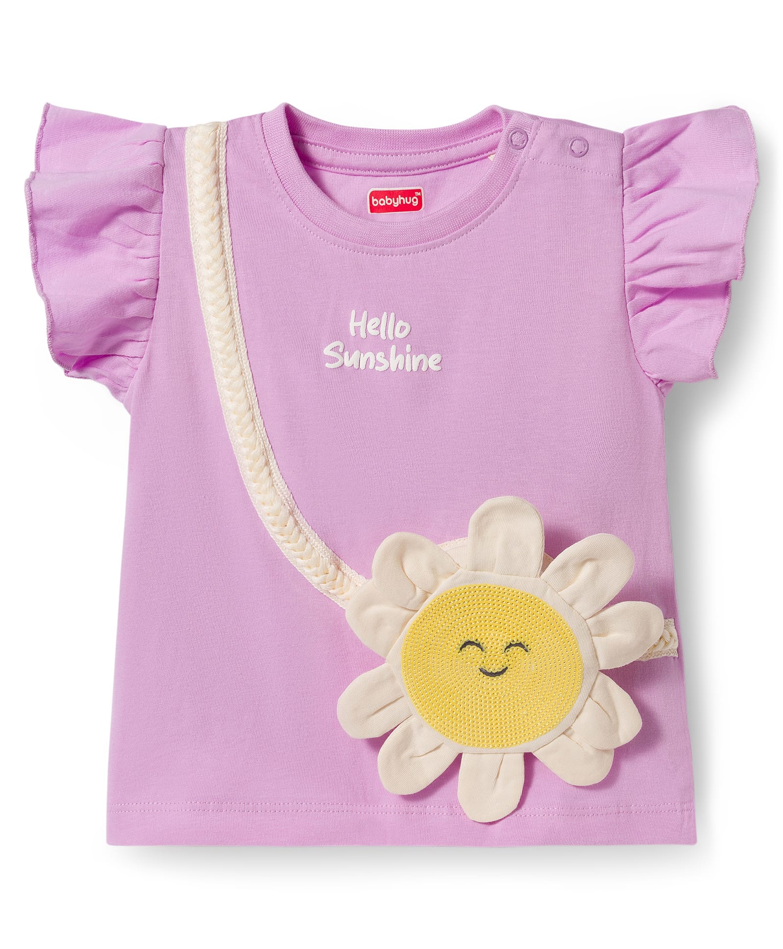 Babyhug Cotton Knit Half Frill Sleeves Floral Applique Top - Mauve