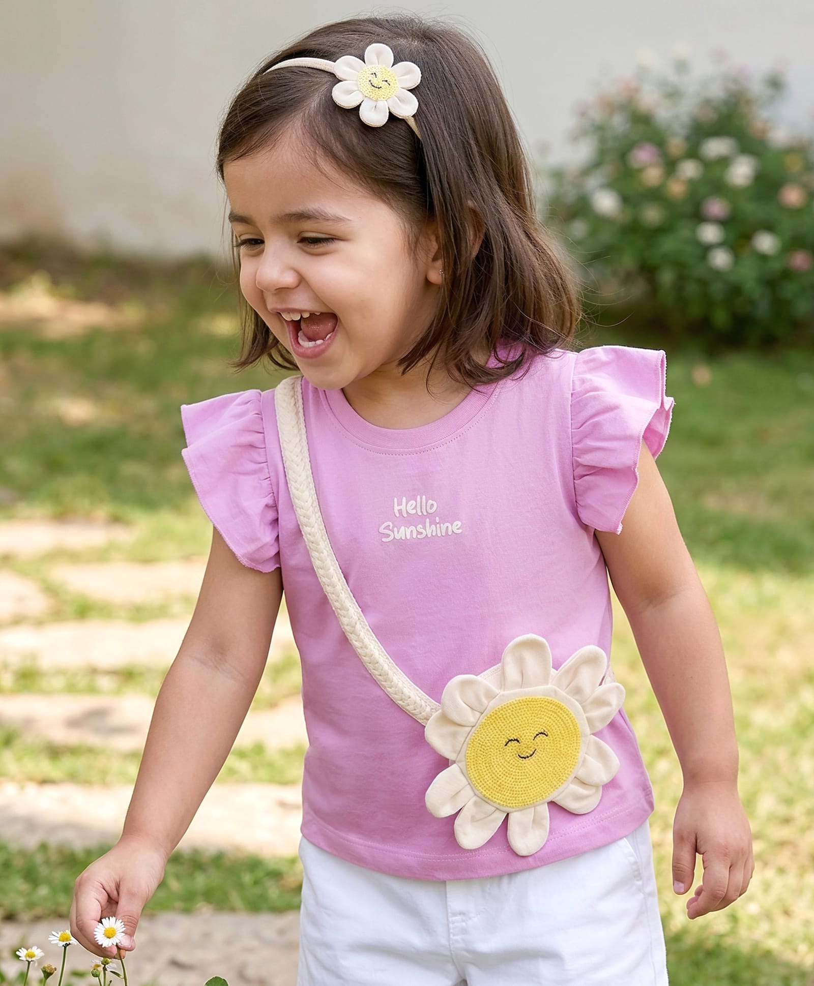 Babyhug Cotton Knit Half Frill Sleeves Floral Applique Top - Mauve-image-30