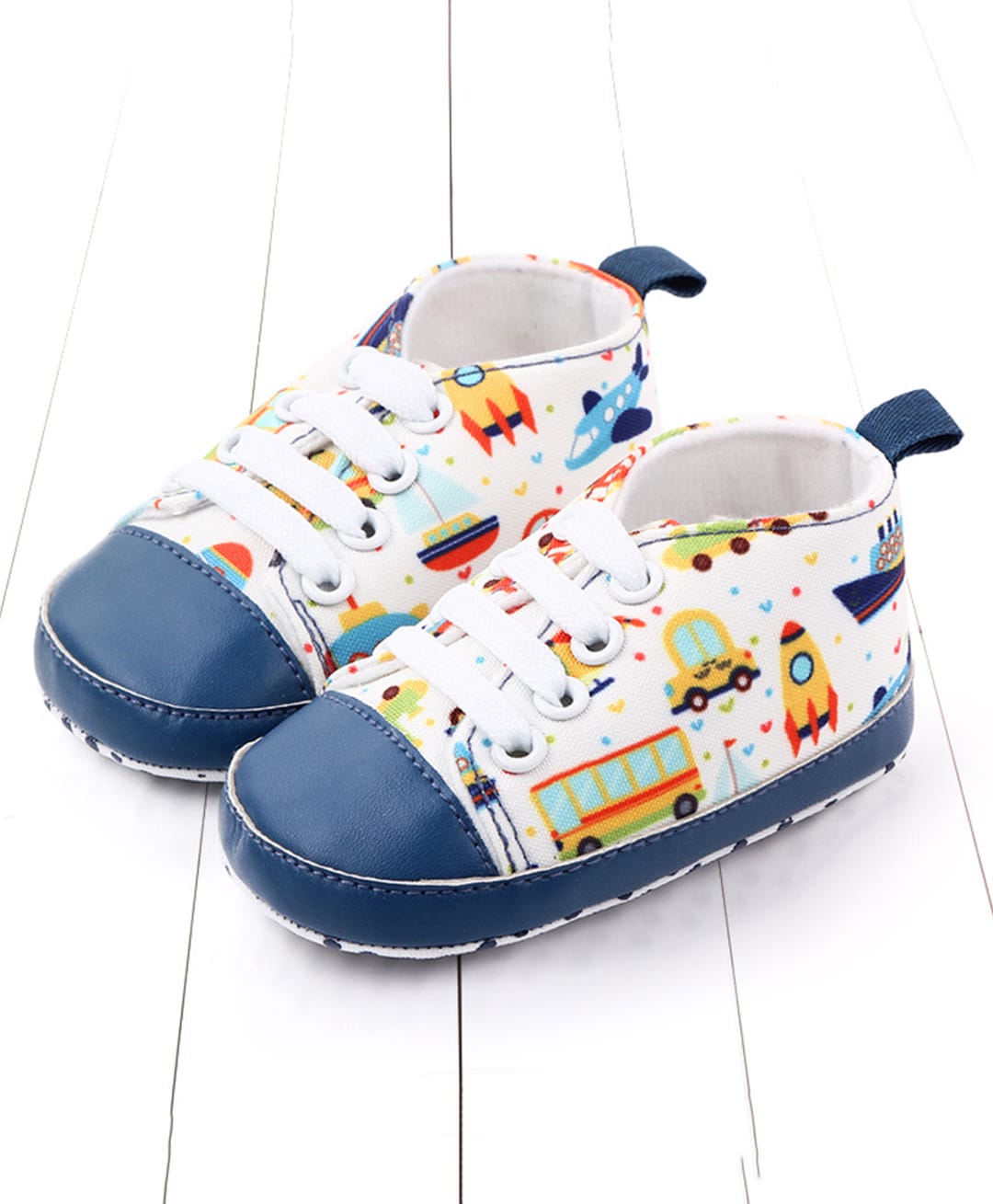 KIDLINGSS Vehicle Printed Lace Up Booties - White & Blue-image-32