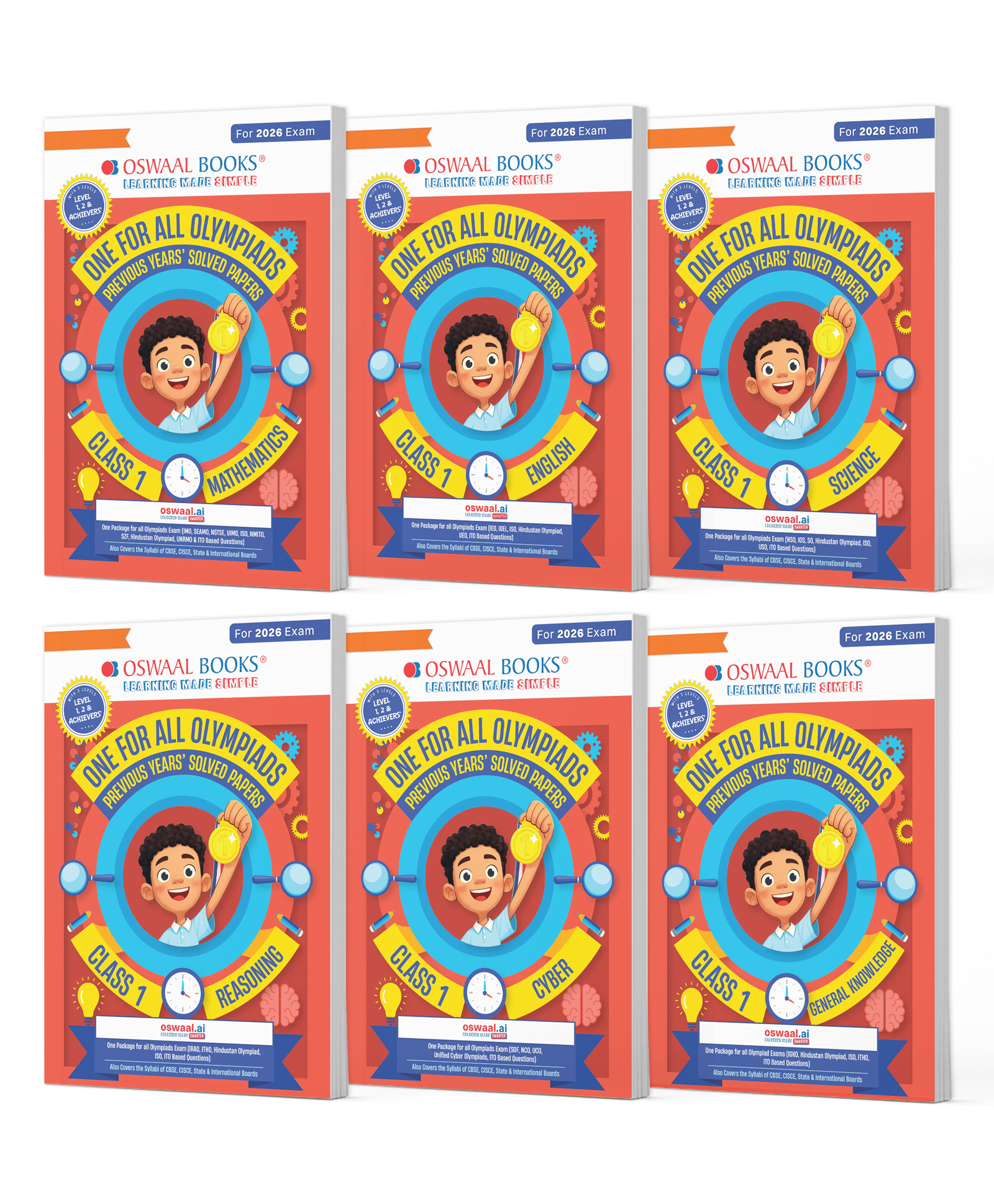 OSWAAL BOOKS One For All Olympiad Chapter-wise Previous Years' Solved Papers, Prep-Guide Class 1 (Set of 6 Books) Maths, English, Science, Reasoning, Cyber & General Knowledge (For 2026 Exam)