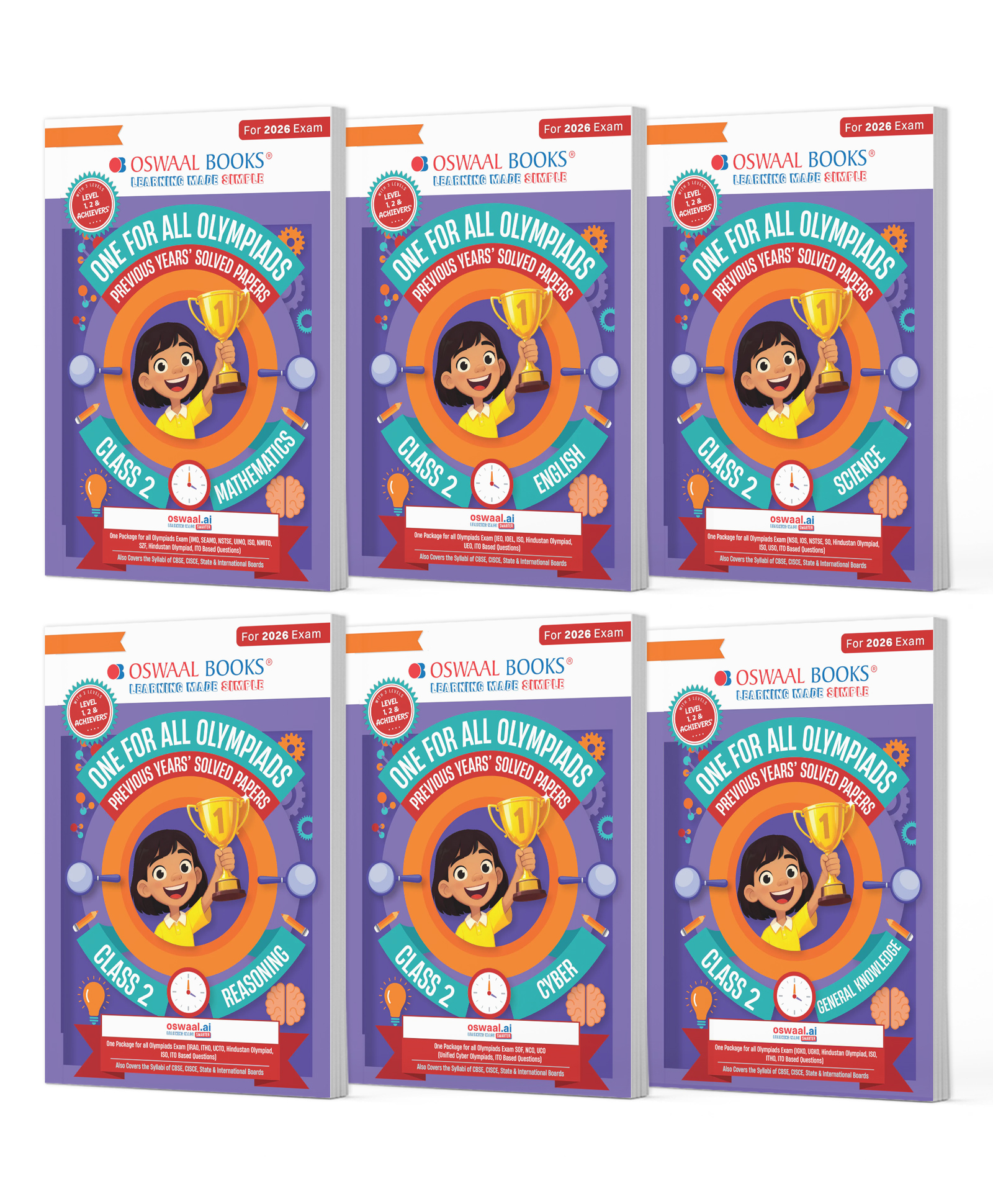 OSWAAL BOOKS One For All Olympiad Chapter-wise Previous Years' Solved Papers, Prep-Guide Class 2 (Set of 6 Books) Maths, English, Science, Reasoning, Cyber & General Knowledge (For 2026 Exam)