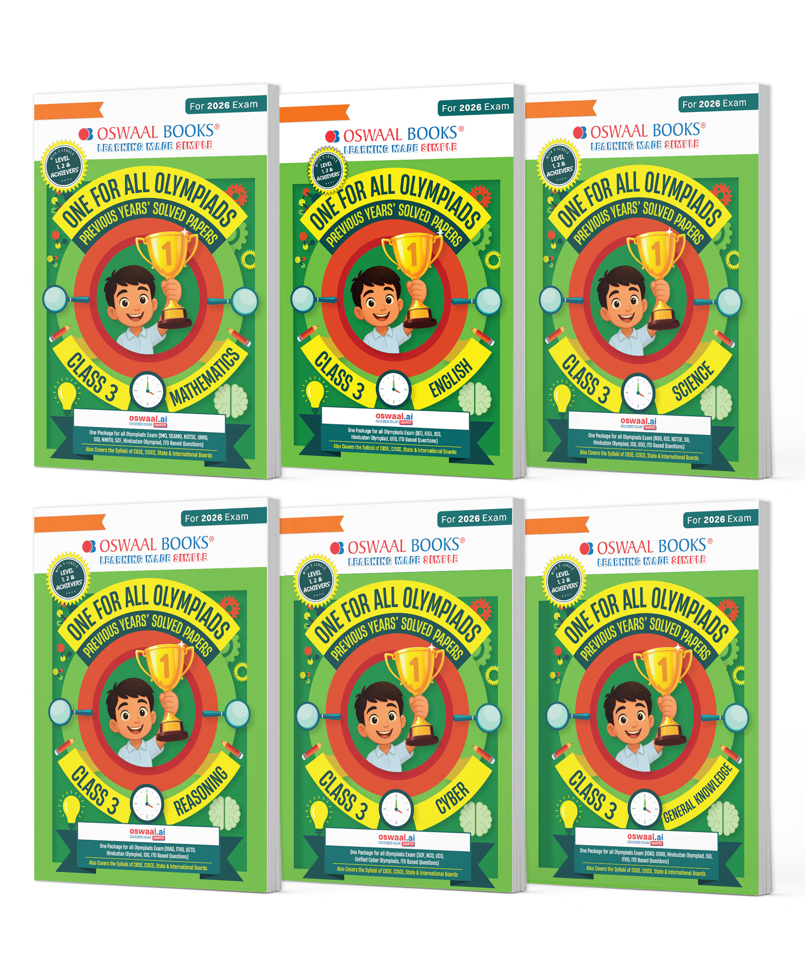 OSWAAL BOOKS One For All Olympiad Chapter-wise Previous Years' Solved Papers, Prep-Guide Class 3 (Set of 6 Books) Maths, English, Science, Reasoning, Cyber & General Knowledge (For 2026 Exam)