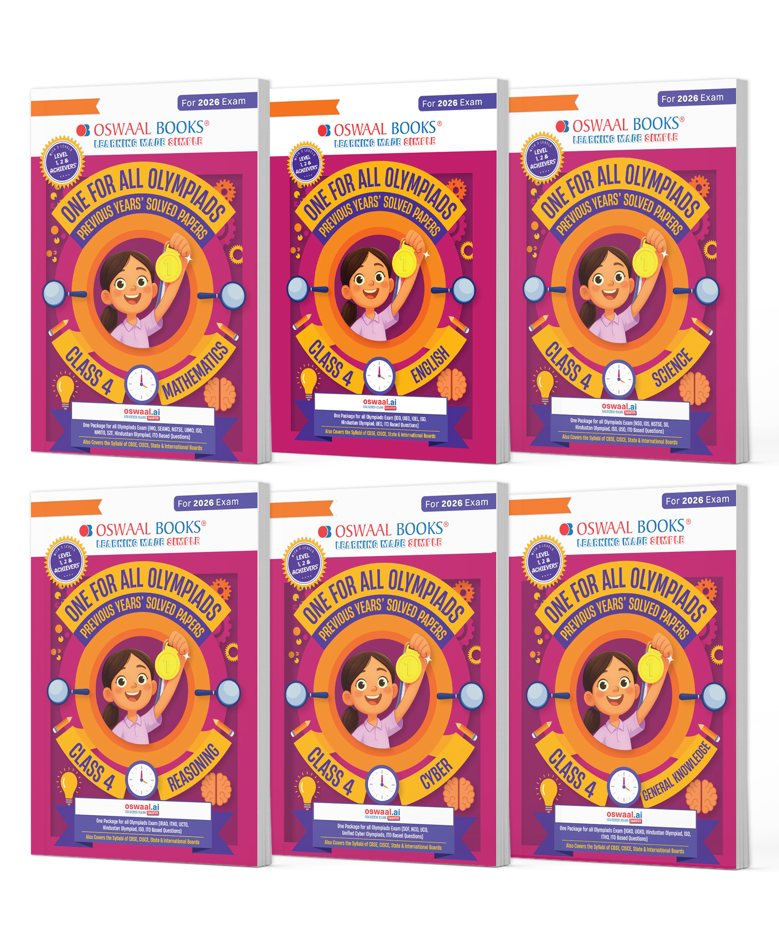 OSWAAL BOOKS One For All Olympiad Chapter-wise Previous Years' Solved Papers, Prep-Guide Class 4 (Set of 6 Books) Maths, English, Science, Reasoning, Cyber & General Knowledge (For 2026 Exam)