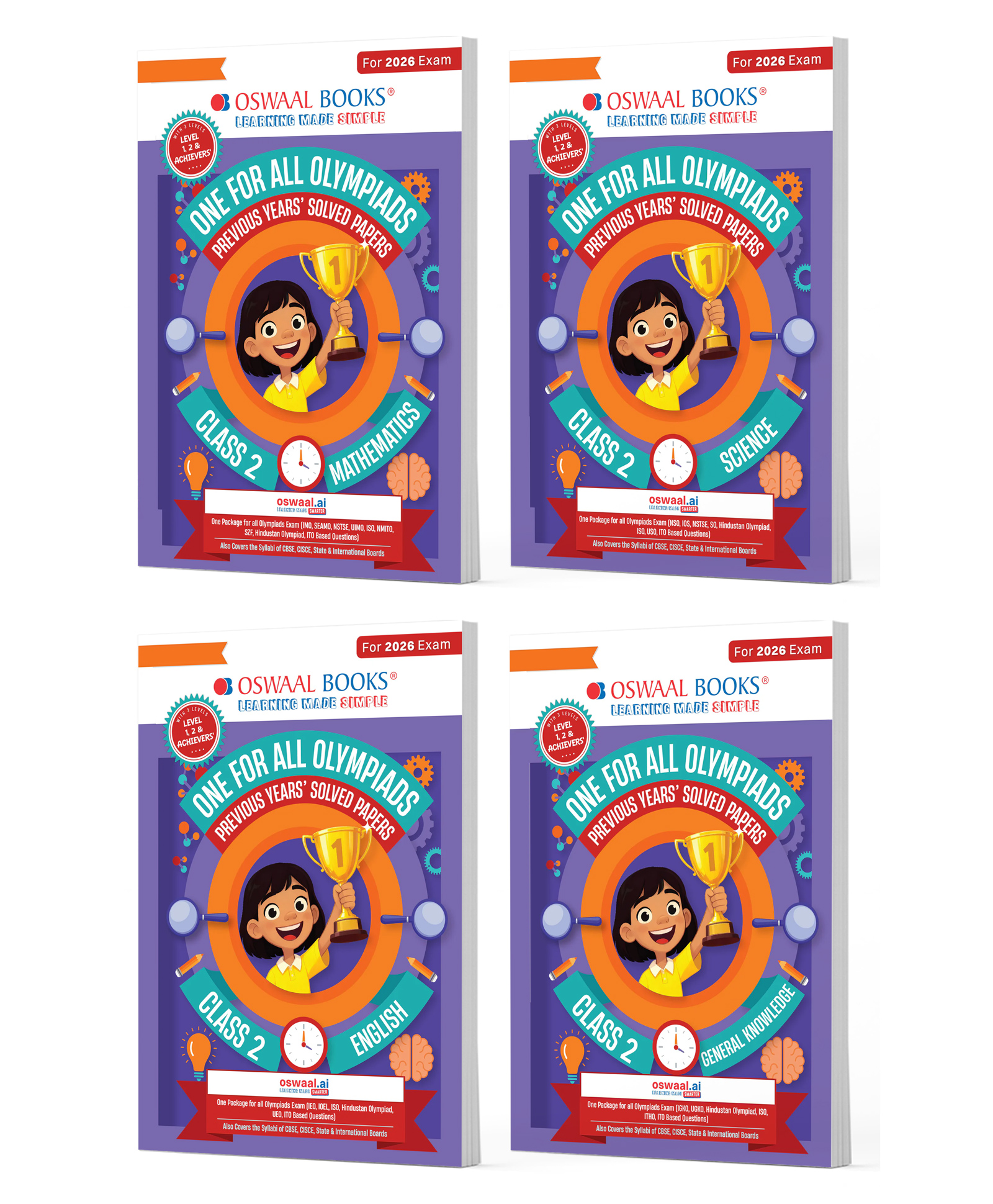 OSWAAL BOOKS One for All Olympiads | Class 2 Maths, Science, English, GK | Chapter-wise Previous Years' Solved Papers | Prep-Guide With Level 1, 2 & Achievers Section (Set of 4 Books) For 2026 Exam