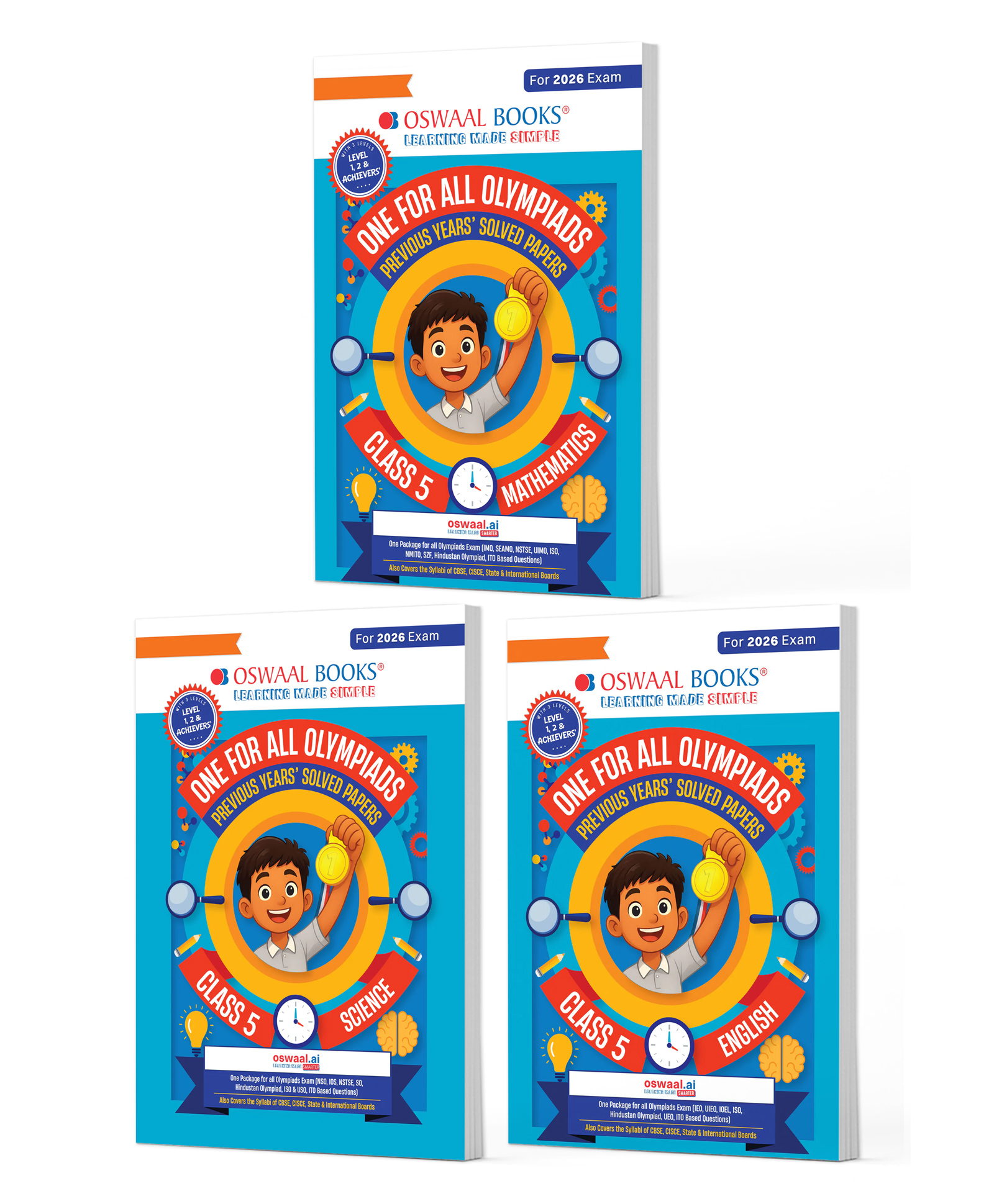 OSWAAL BOOKS One for All Olympiads | Class 5 Maths, Science, English | Chapter-wise Previous Years' Solved Papers | Prep-Guide With Level 1, 2 & Achievers Section (Set of 3 Books) For 2026 Exam