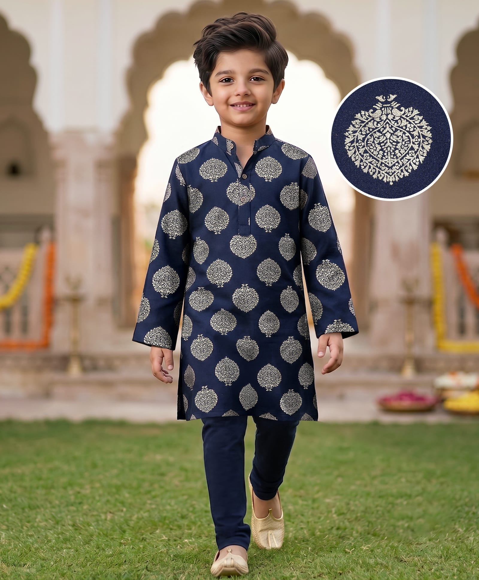 EARTHY TOUCH Cotton Knit Full Sleeves Kurta Pyjama Set With Foil Print - Navy Blue-image-47