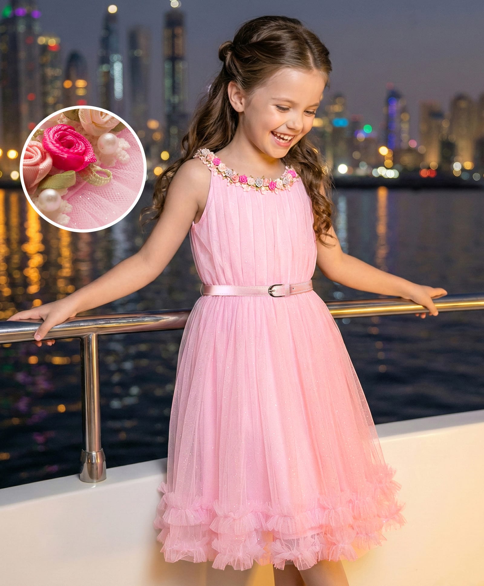 Hola Bonita Knit Sleeveless Party Dress with Belt & Glitter Mesh With Flower Lace Detail At Neck - Pink