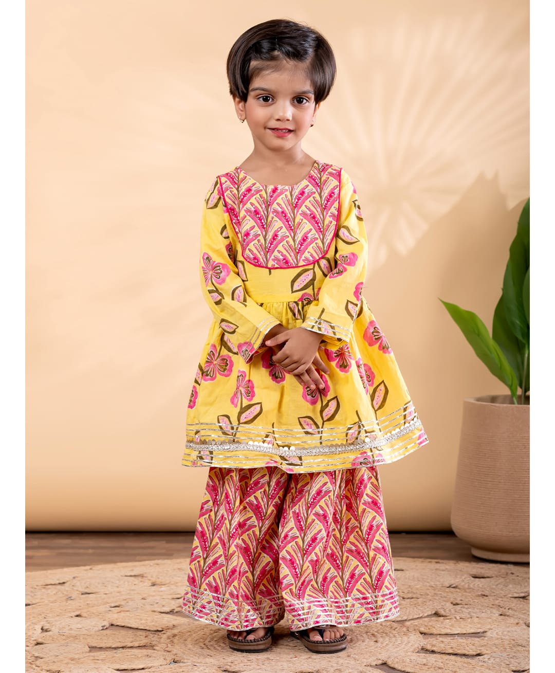 READIPRINT Cotton Woven Full Sleeves Floral Printed Kurti Sharara Set - Yellow-image-27