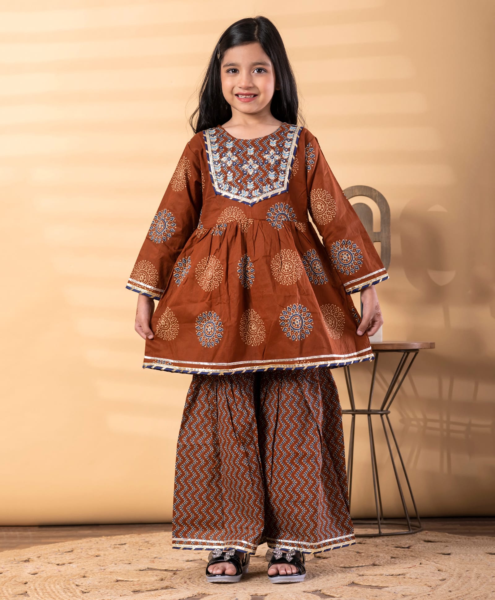 READIPRINT Woven Cotton Full Sleeves Floral & Abstract Printed Kurti & Sharara Set - Brown-picture-23