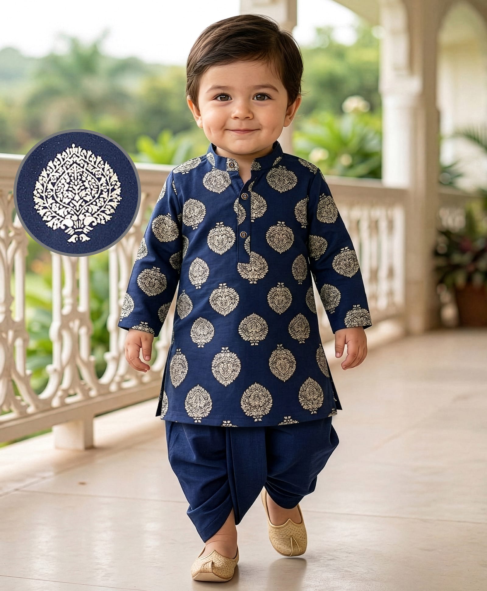 EARTHY TOUCH Cotton Jersey Knit Full Sleeves Kurta Dhoti Set With Foil Print - Navy Blue-picture-37