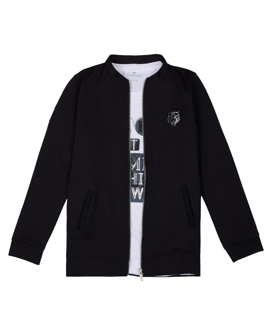 Charchit Cotton Woven Full Sleeves Solid Jacket With Half Sleeves Tee - Black