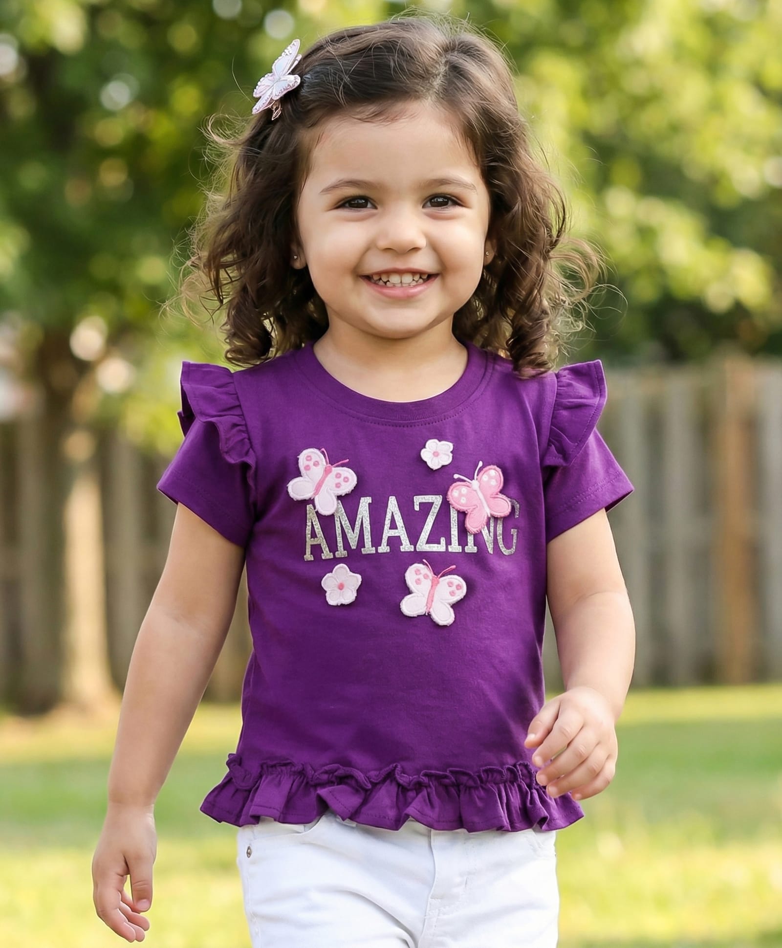 Babyhug Cotton Knit Half Sleeves Top With Floral & Butterfly Applique - Purple